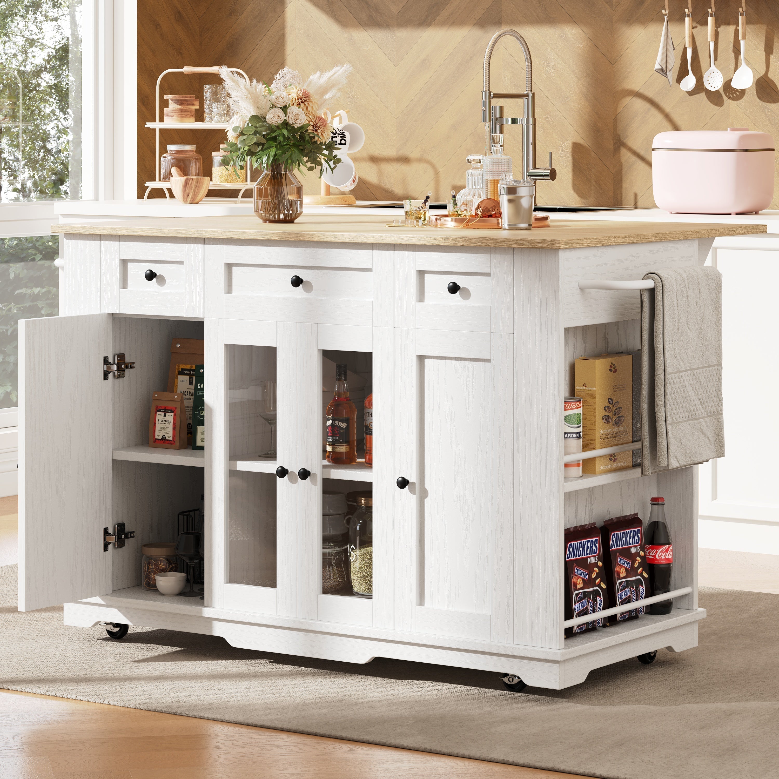 Kitchen Island Cabinet Tempered Glass Worktop Storage - White