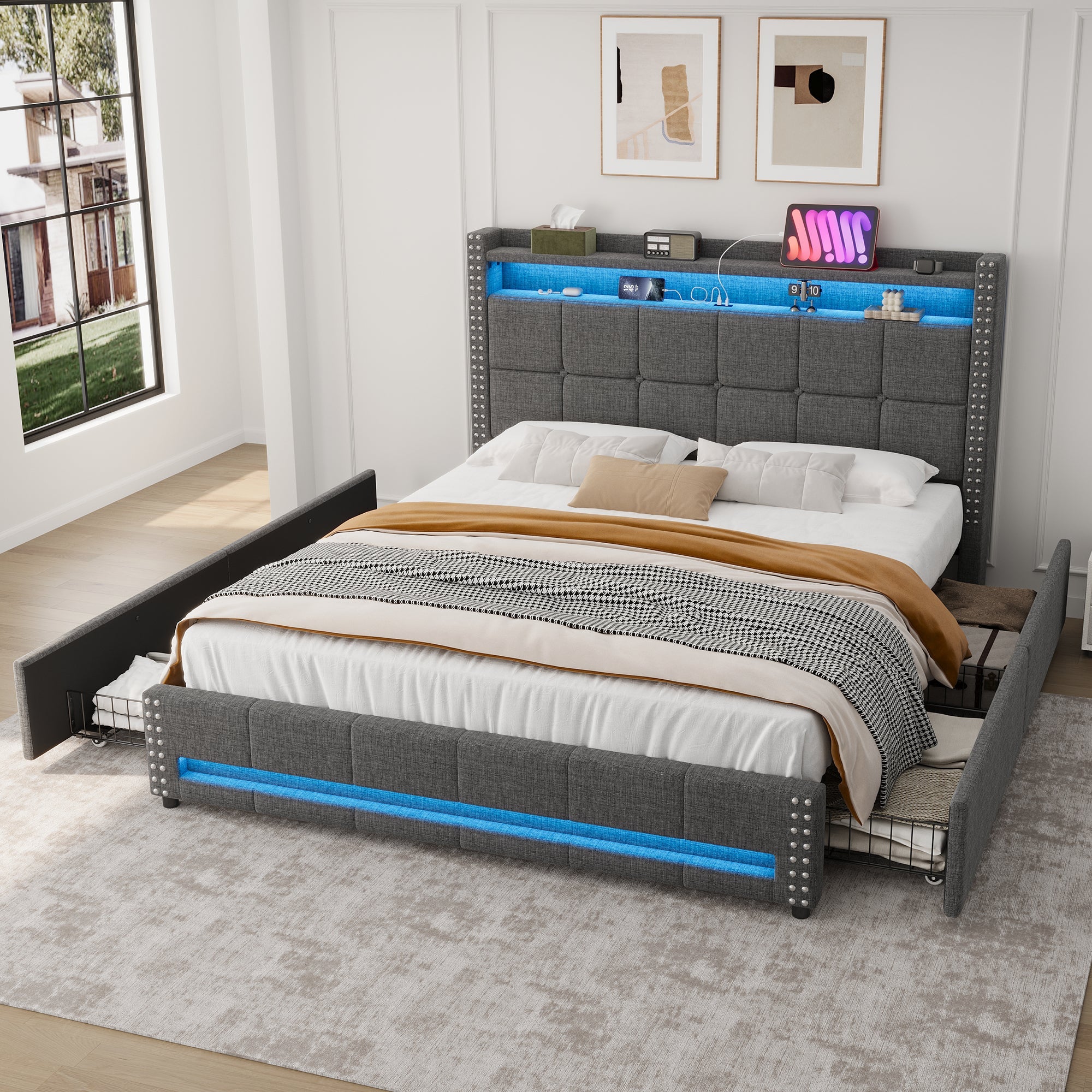 4ft6 Double Upholstered Bed with 4 Storage Drawers, LED Charging Station, Linen Grey