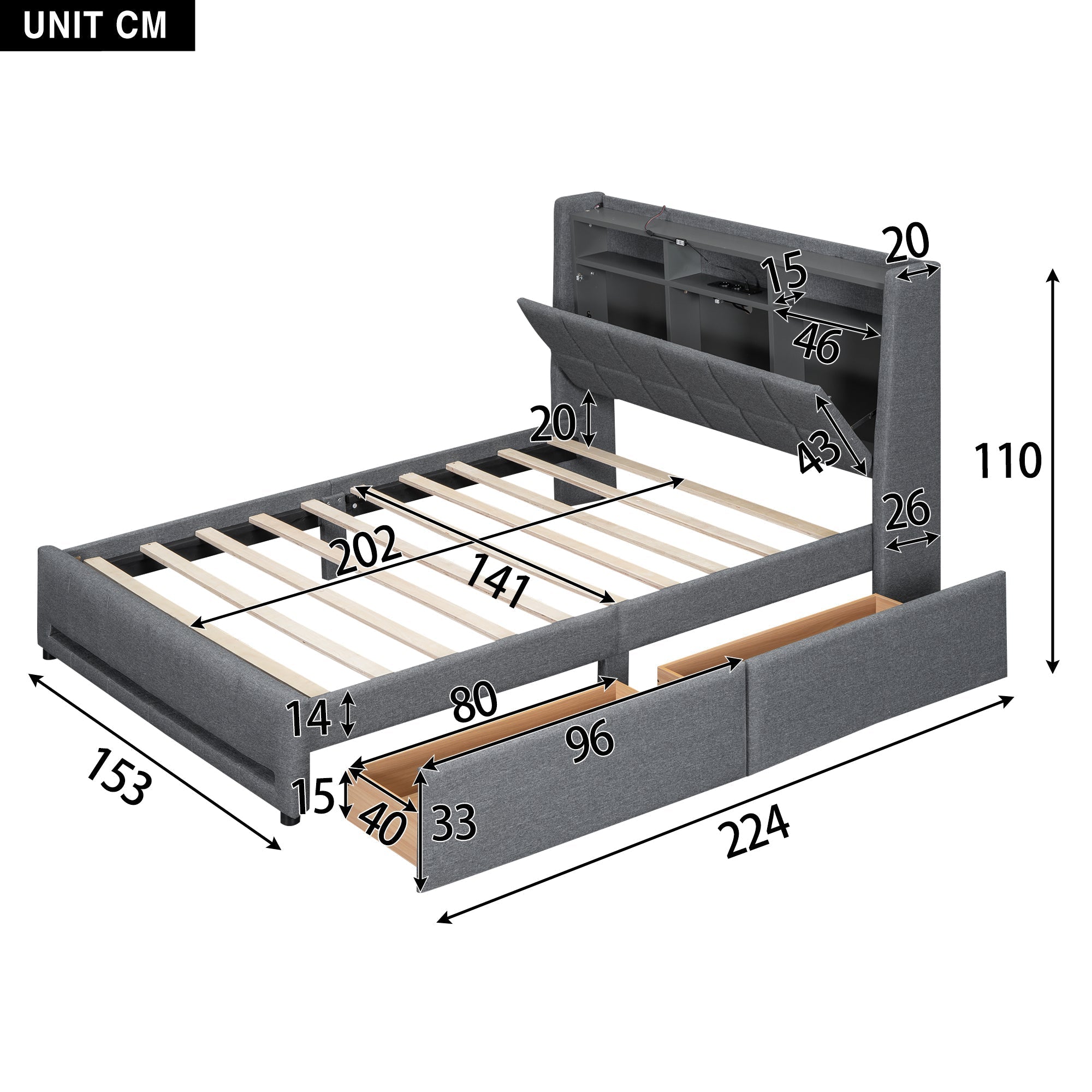 Upholstered Bed 140x200cm LED Light, Drawers, USB/Socket, Built-in Storage - Linen Grey