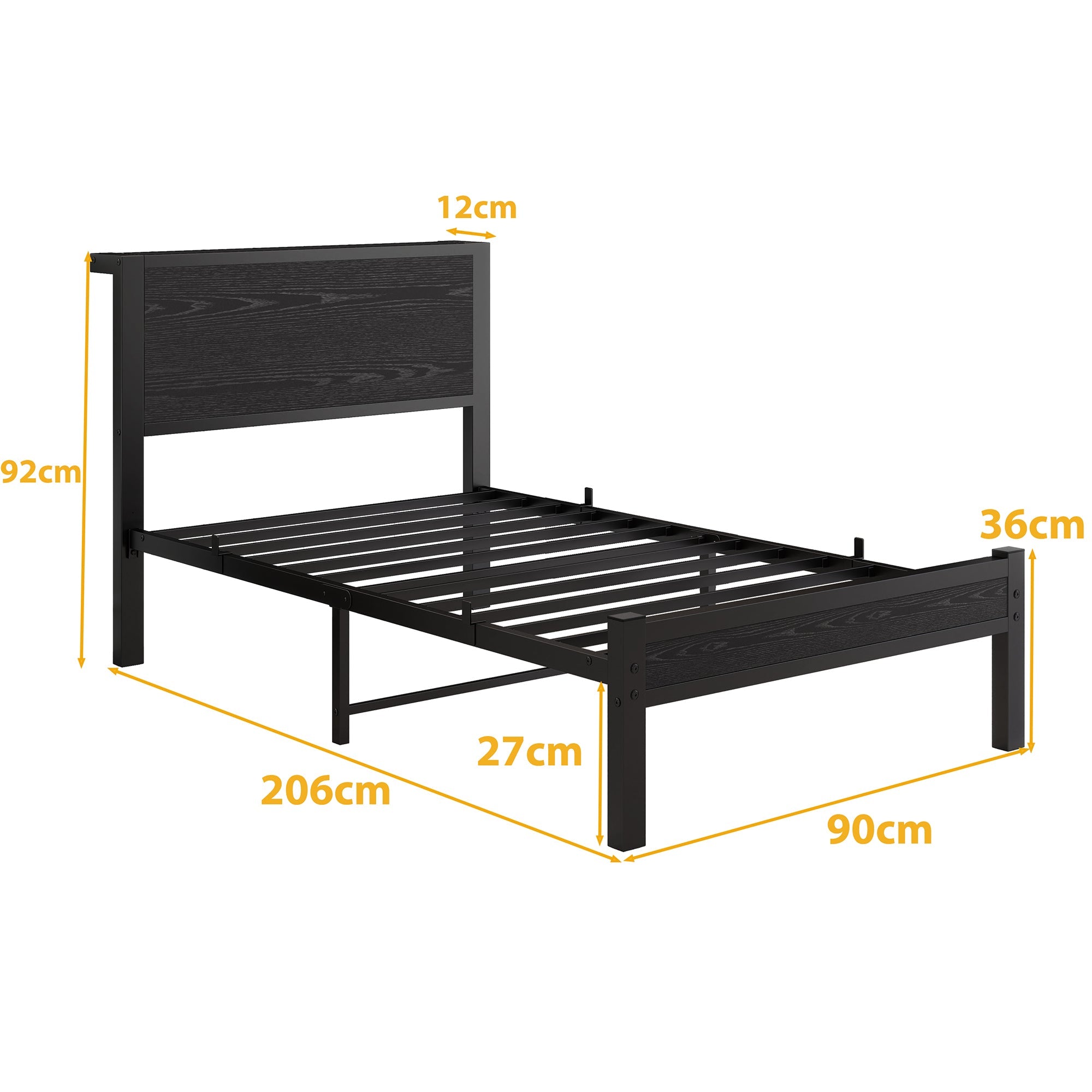 Single Metal Bed Frame 90x200cm, Storage Headboard, Noiseless Platform - Black