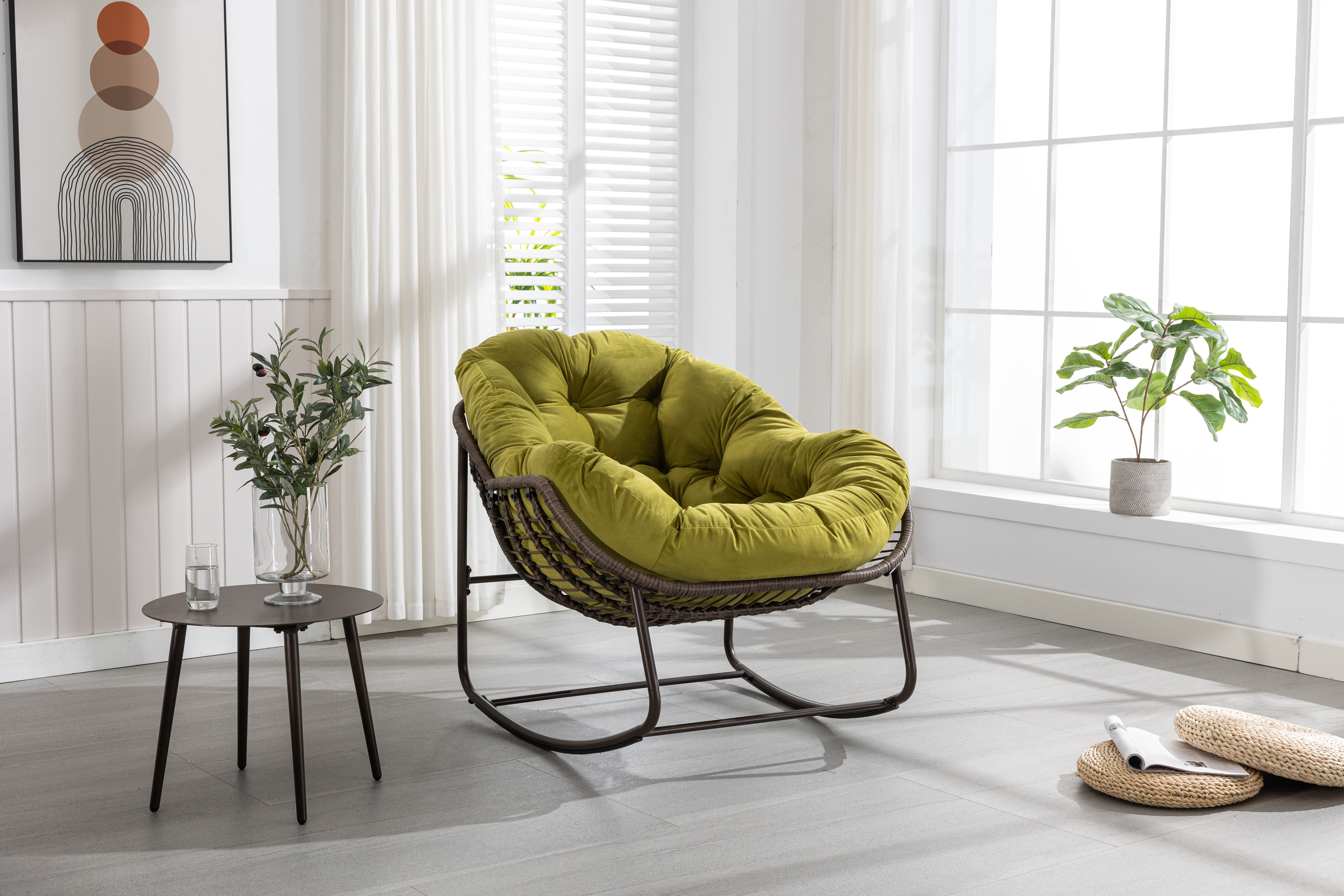 Outdoor Rattan Rocking Chair Padded Cushion Rocker Recliner Olive Green