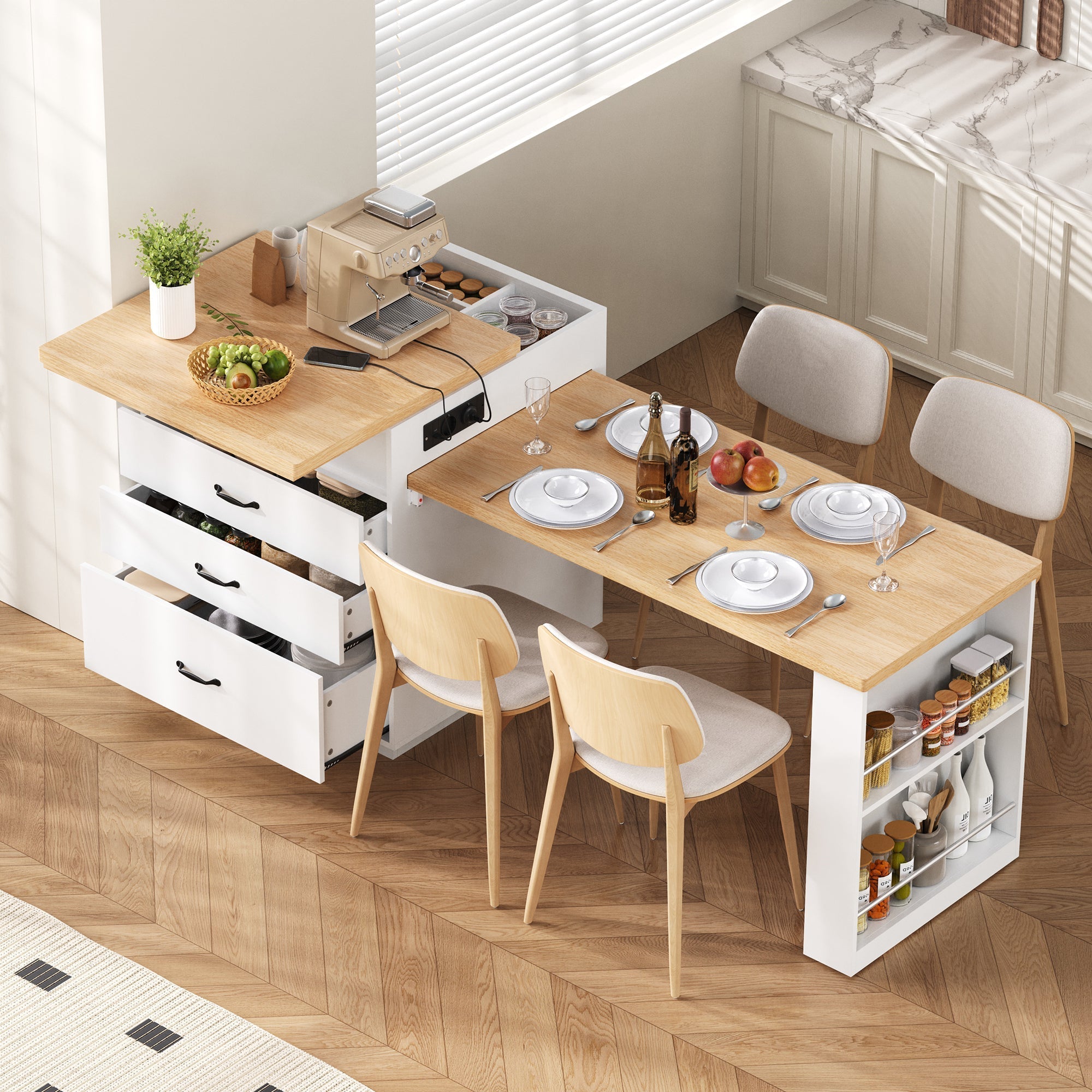 Mobile Kitchen Island Extendable Dining Table with LED & Power Strips - White