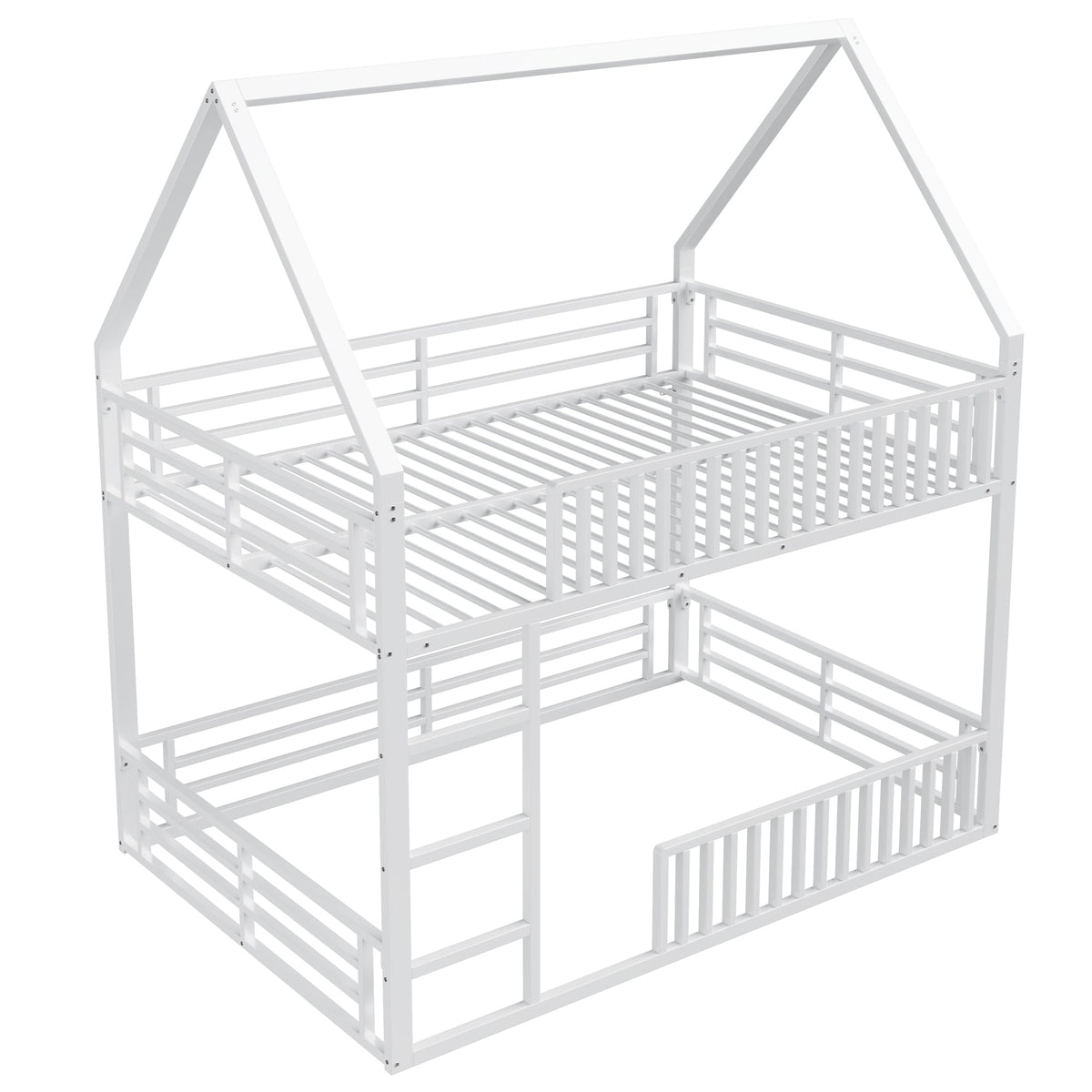 House-Shaped Bunk Bed with Fence and LED Light, 140x200cm, White
