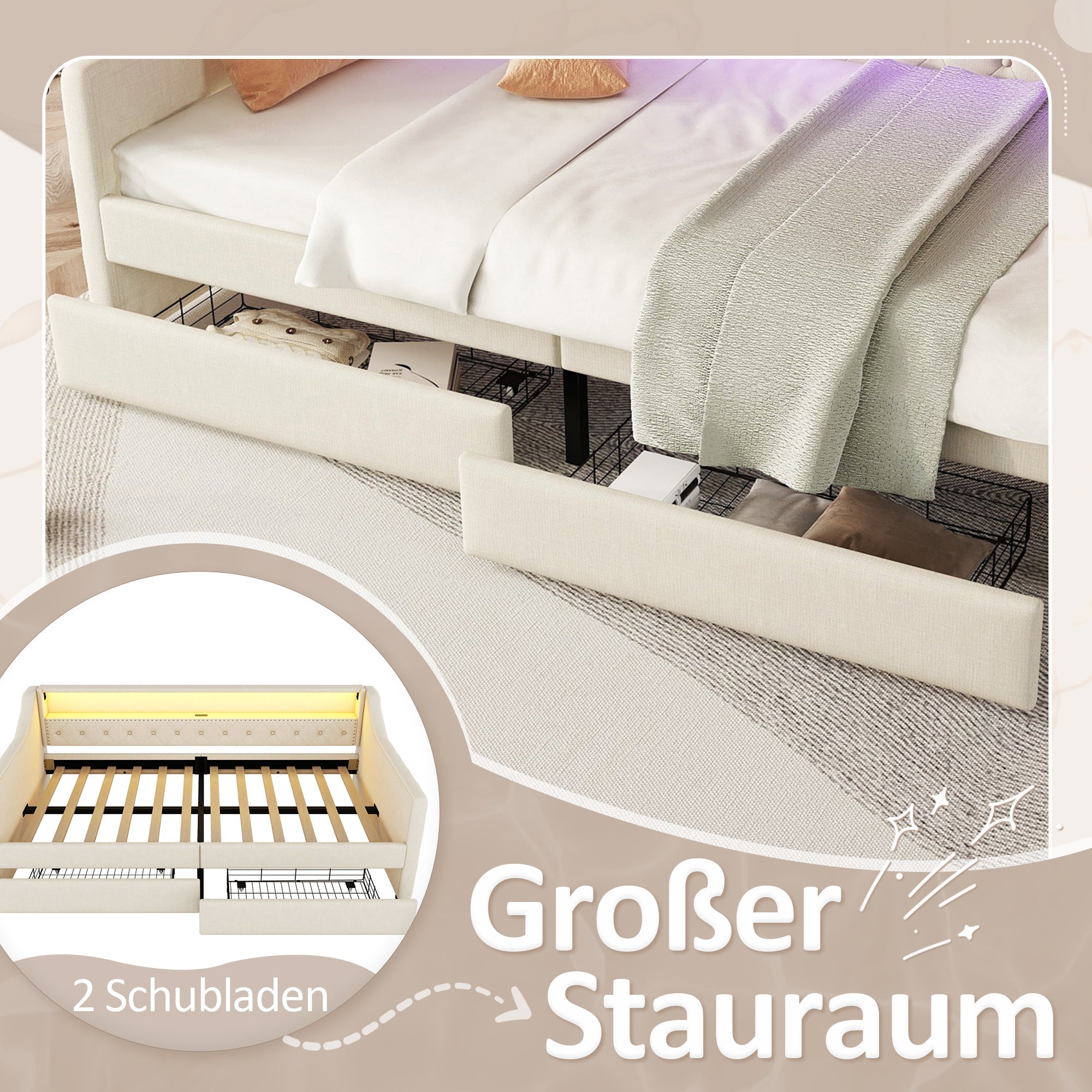 Daybed 90x200cm Ambient Light 2 Drawers USB - Linen Beige
