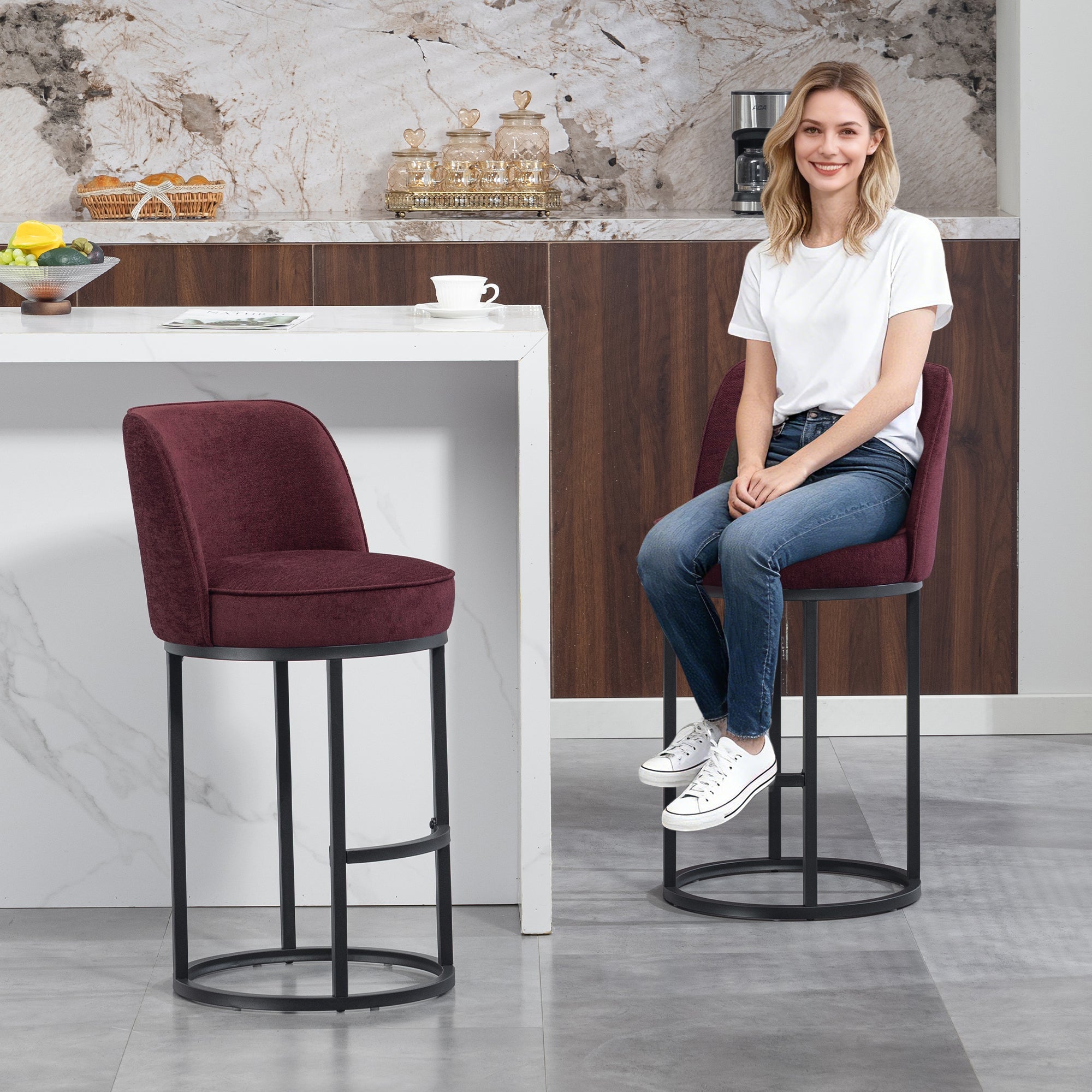 Bar Stools Duo Set with Ergonomic Backrest and Metal Legs, Linen Upholstery