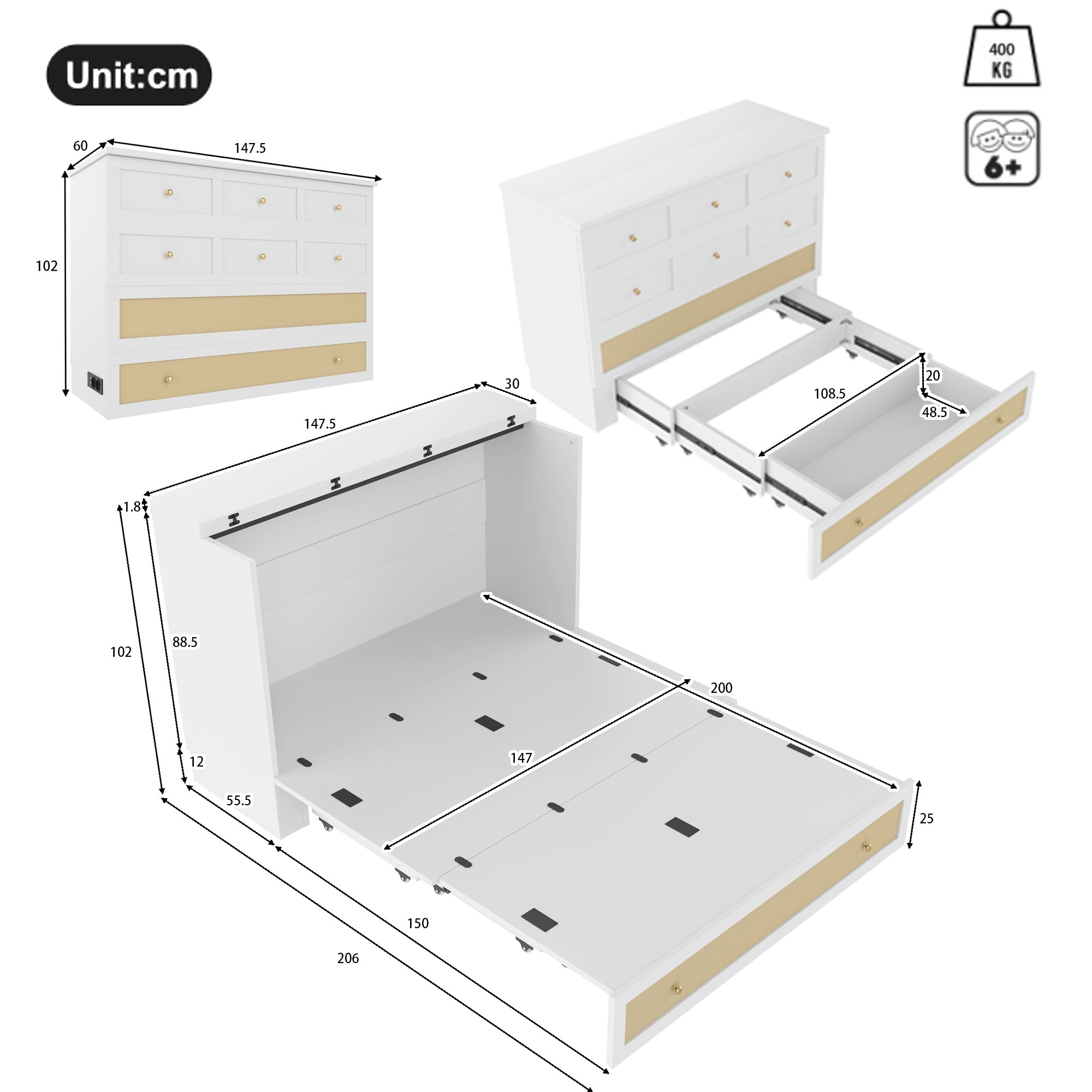 Murphy Bed with USB and Power Outlet, Convertible Platform Bed 140 x 200, White