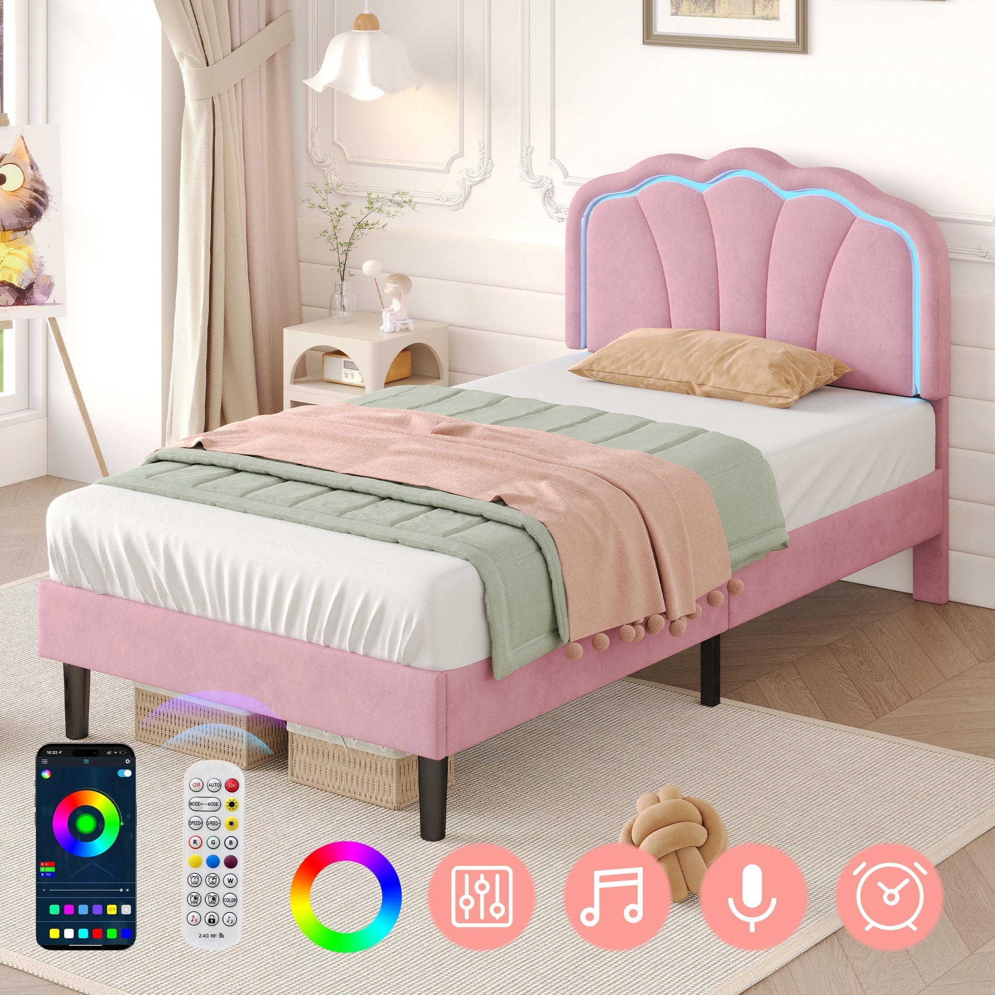 3ft Single Upholstered Bed with LED Adjustable Shell Shape Headboard, Soft Velvet, Pink