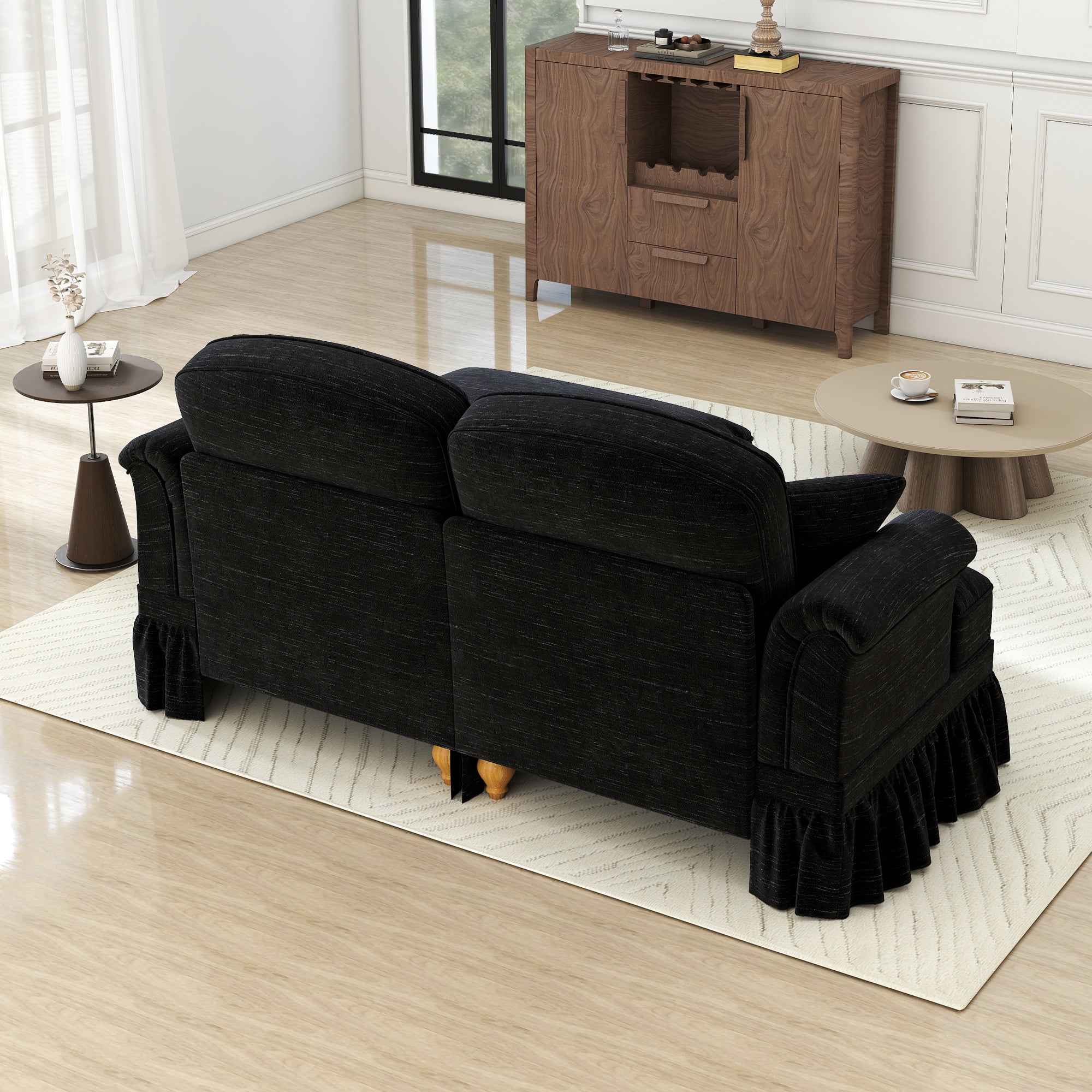 2-Seater Sofa Mid-Century Modern Flared Arms Chenille - Black