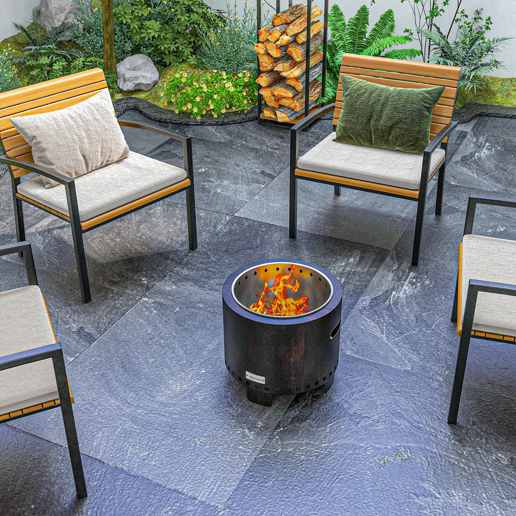 Fire bowl smoke-free table fire pit with handle and poker, metal black