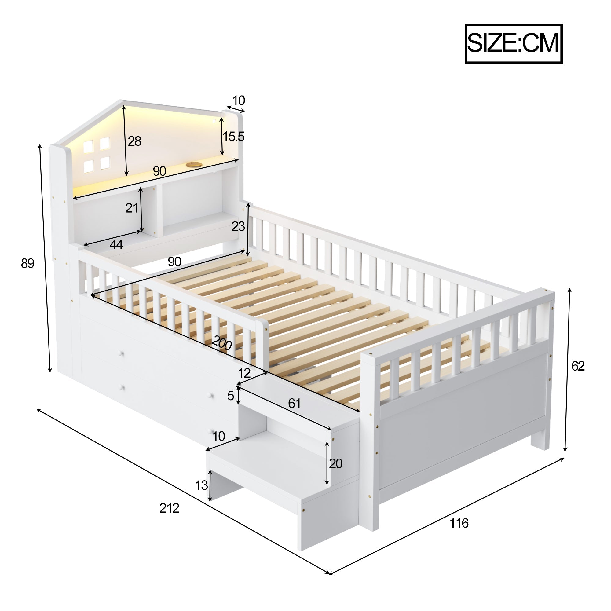Children's Single Bed with 4 Storage Drawers, LED Lights, USB and Type-C Charging Ports, 90x200cm, White Solid Wood