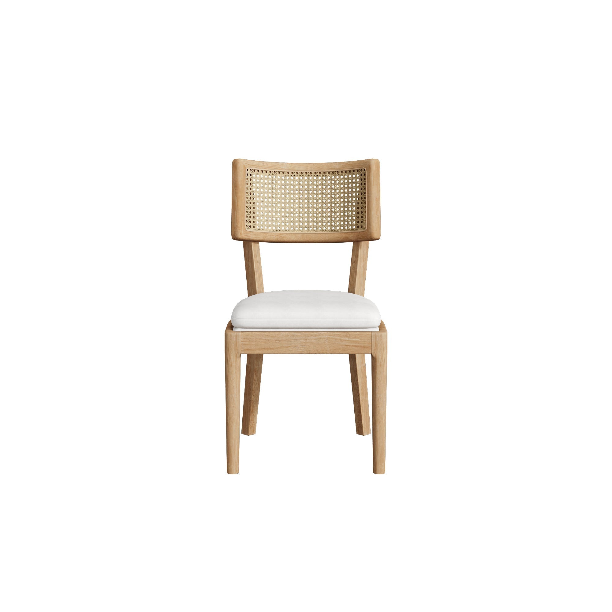 Solid Wood Dining Chairs with Rattan Backrests and Linen Seats, Set of 2, Wood Color