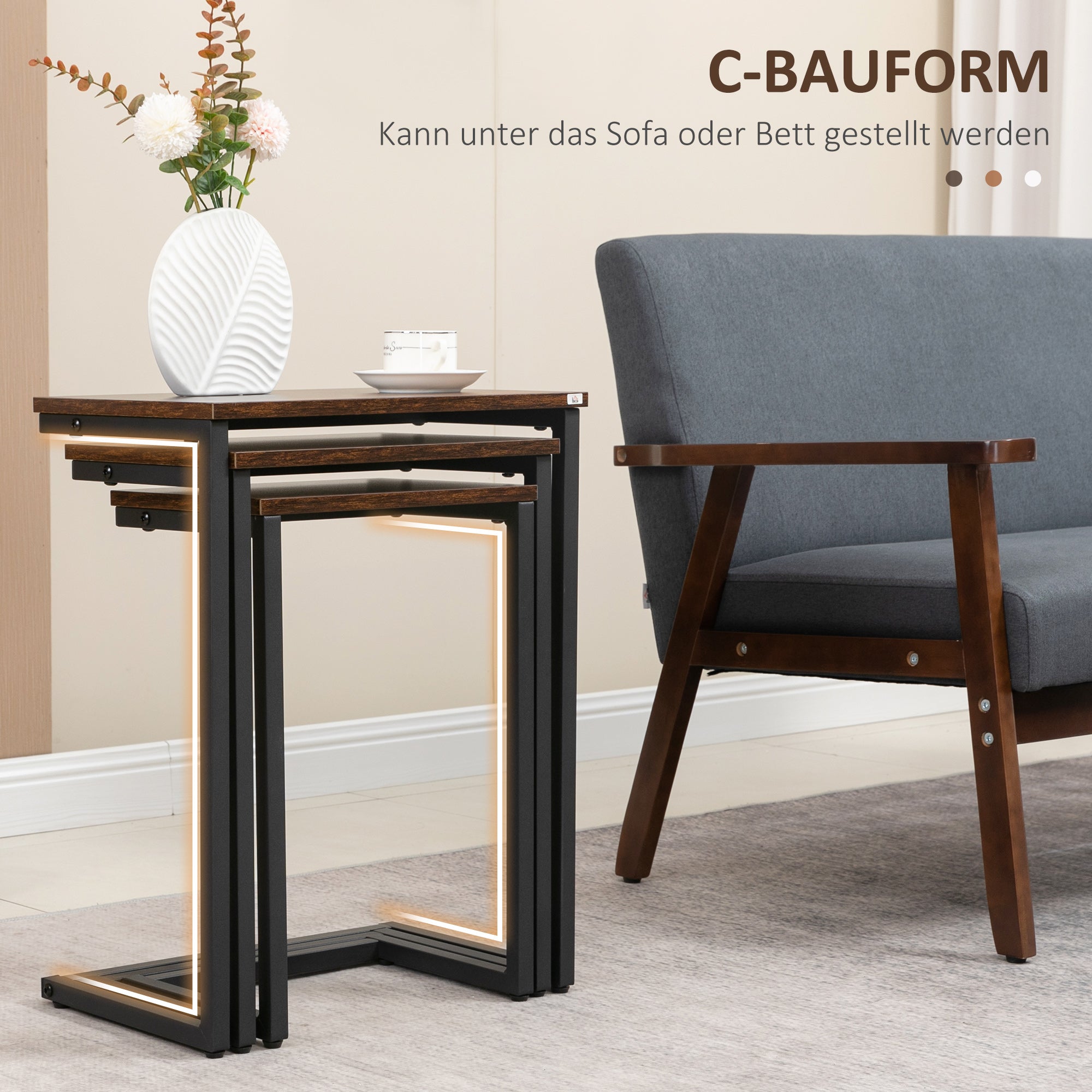 Set of 3 side tables, C-shaped nesting, space-saving, steel frame, rustic brown