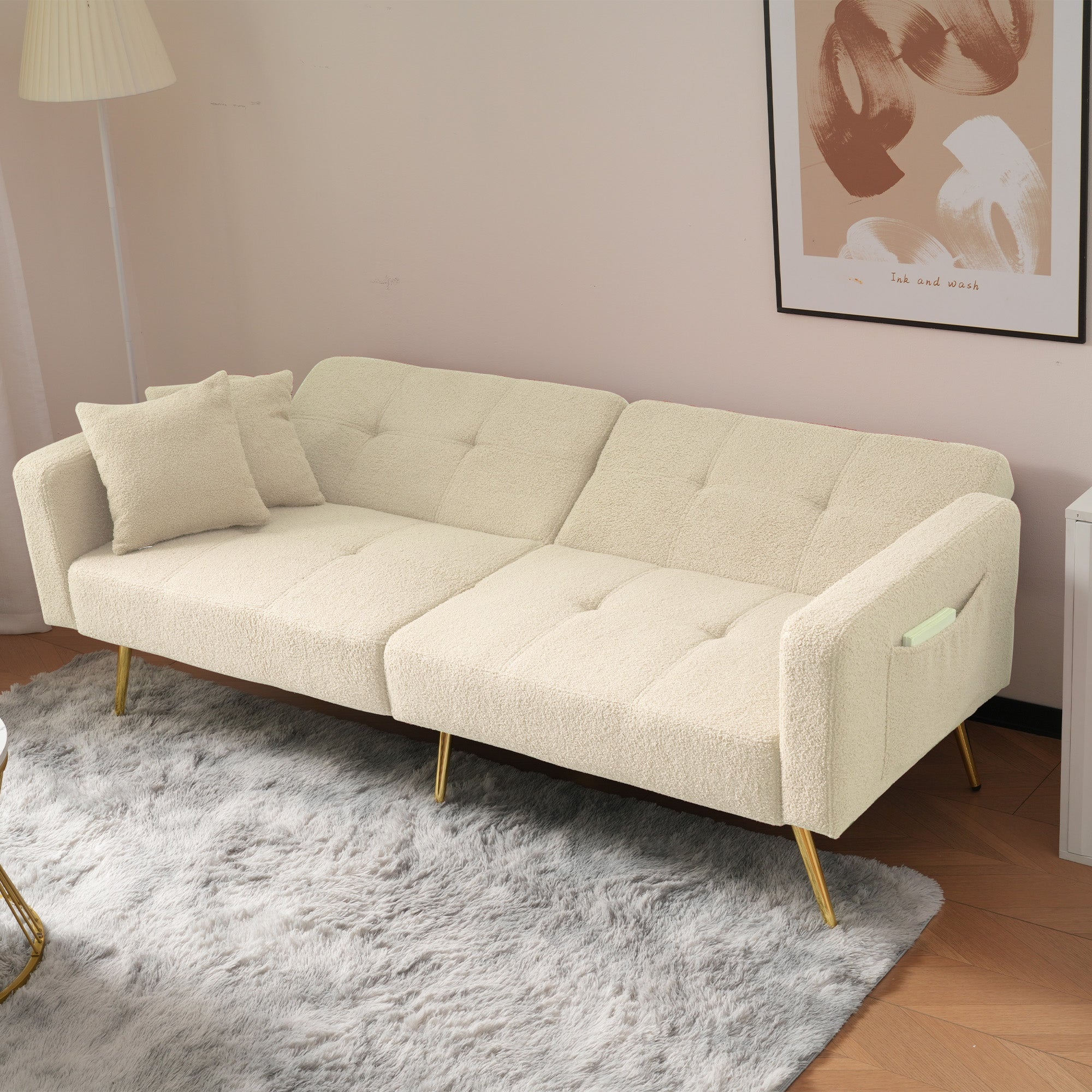 Sofa Bed Adjustable Angle Gold Legs with Cushions & Storage Pockets