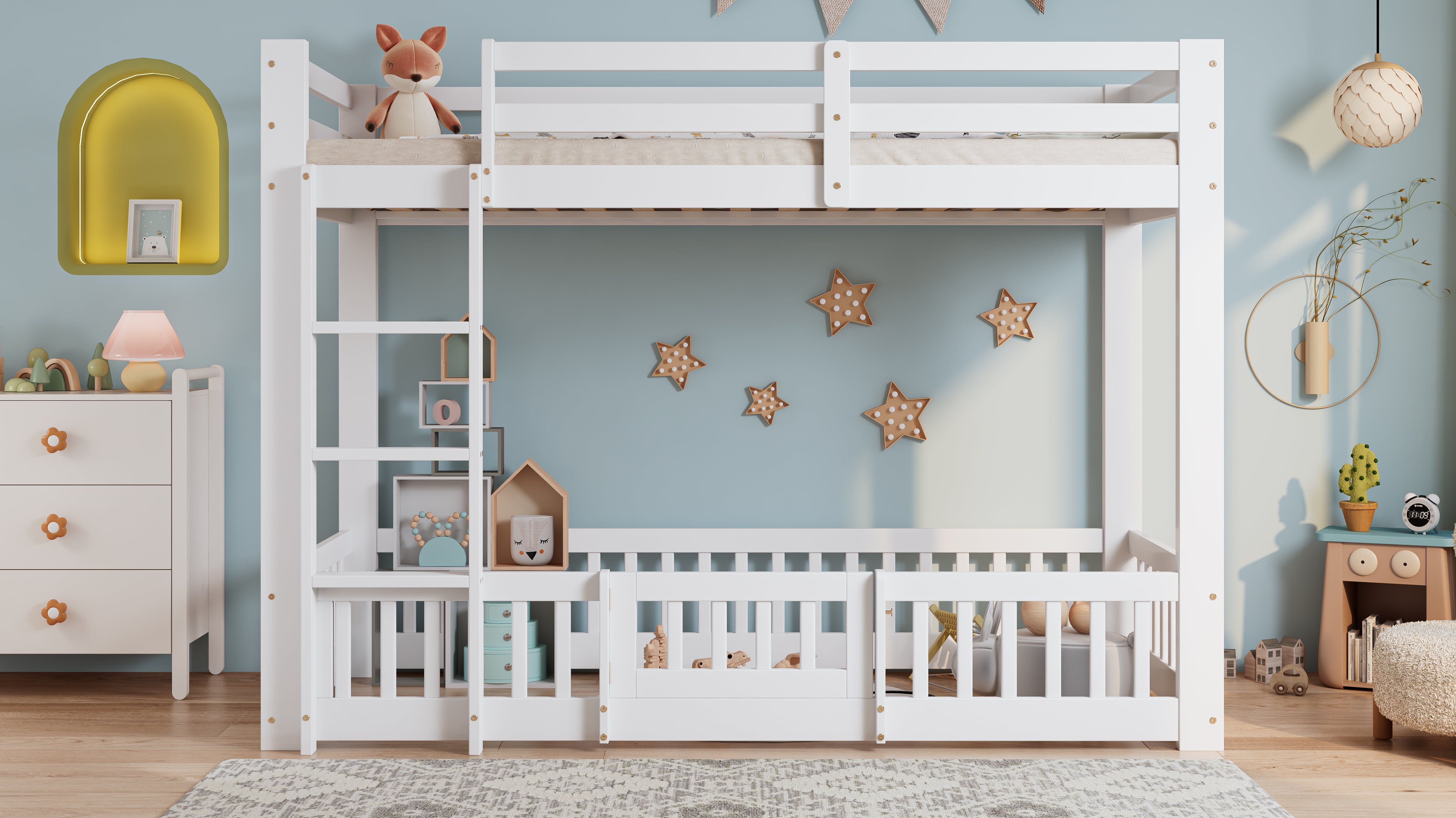 Bunk Bed, Wooden with Right-Angled Stairs, Railing, Fall Protection, White