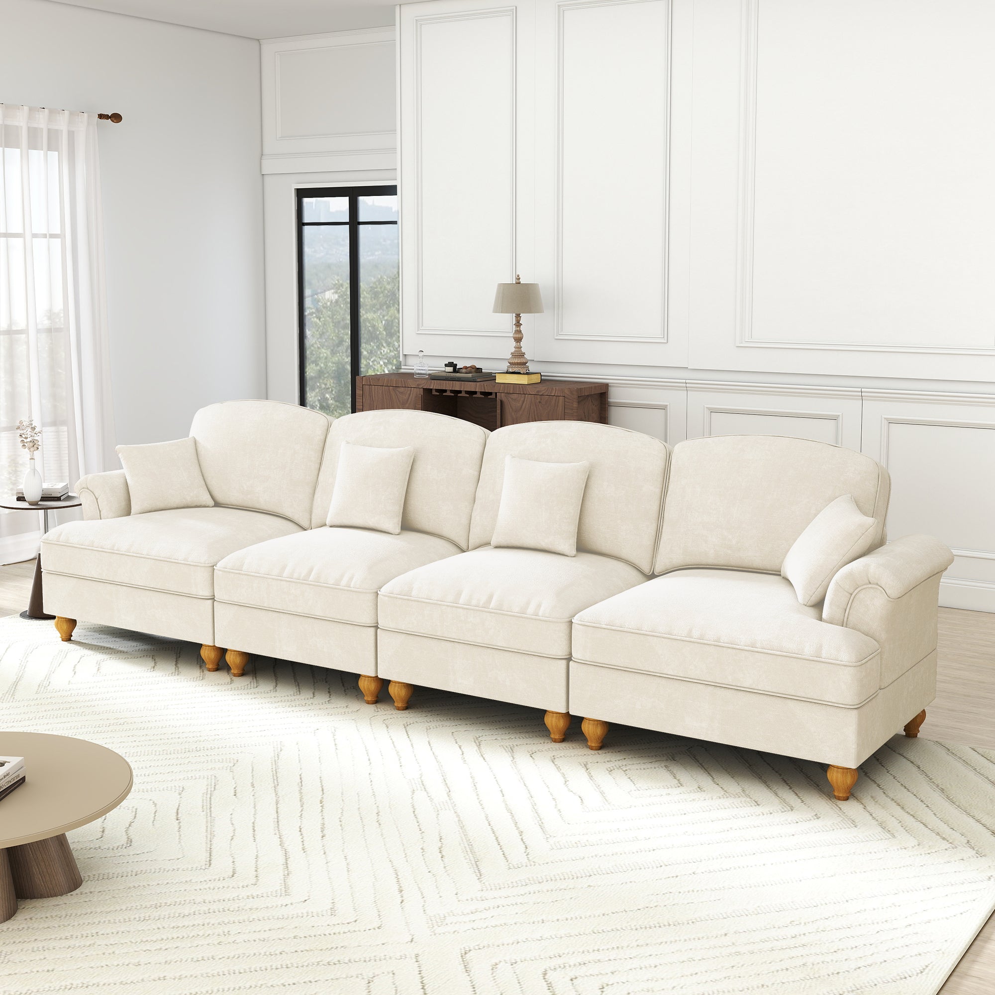 Elegant 4-Seater Sofa Mid-Century Ruffled Apron Spindle Legs - White Chenille
