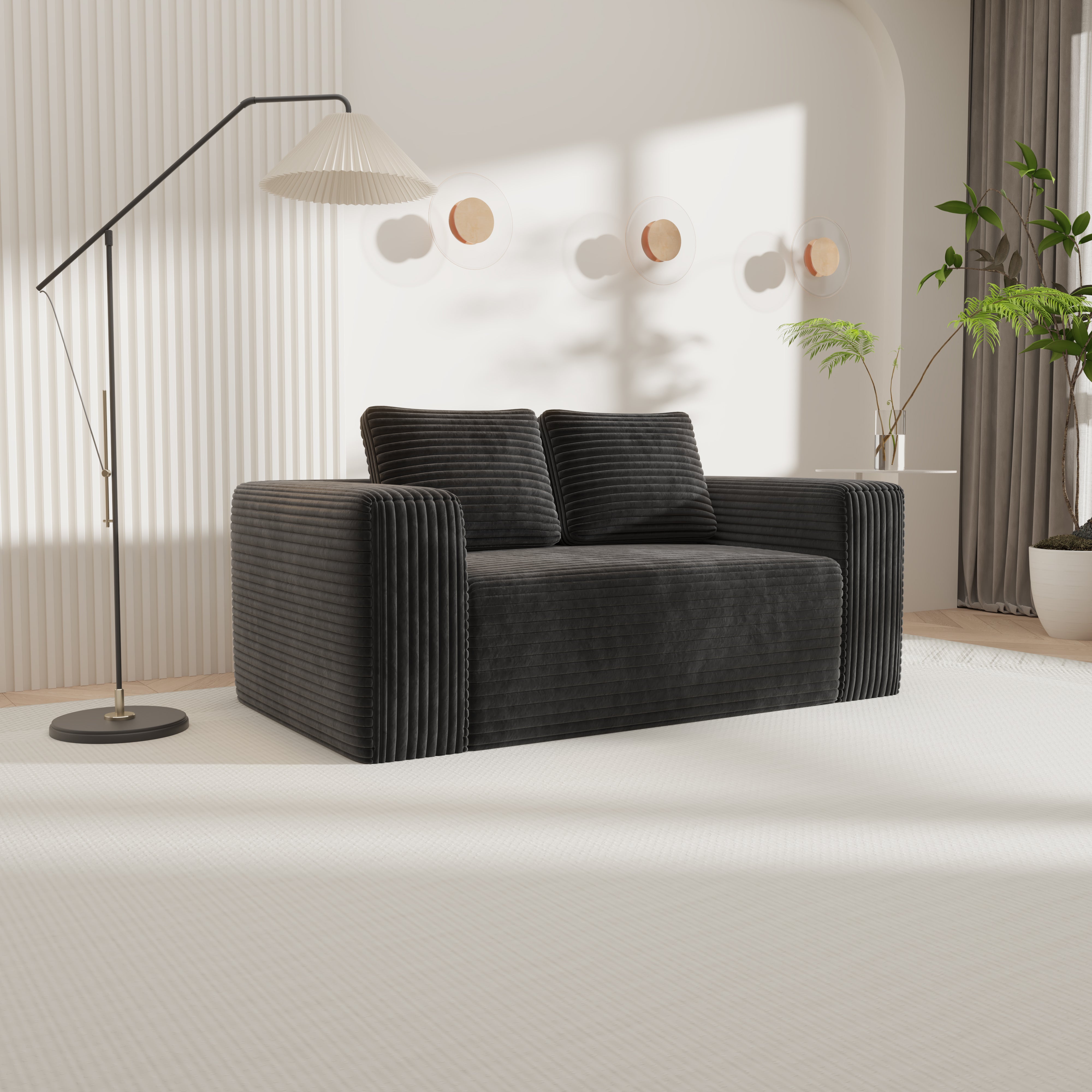 Boneless Deep Seat 2-Seater Couch No Assembly Foam Floor Sofa Plush Corduroy Black