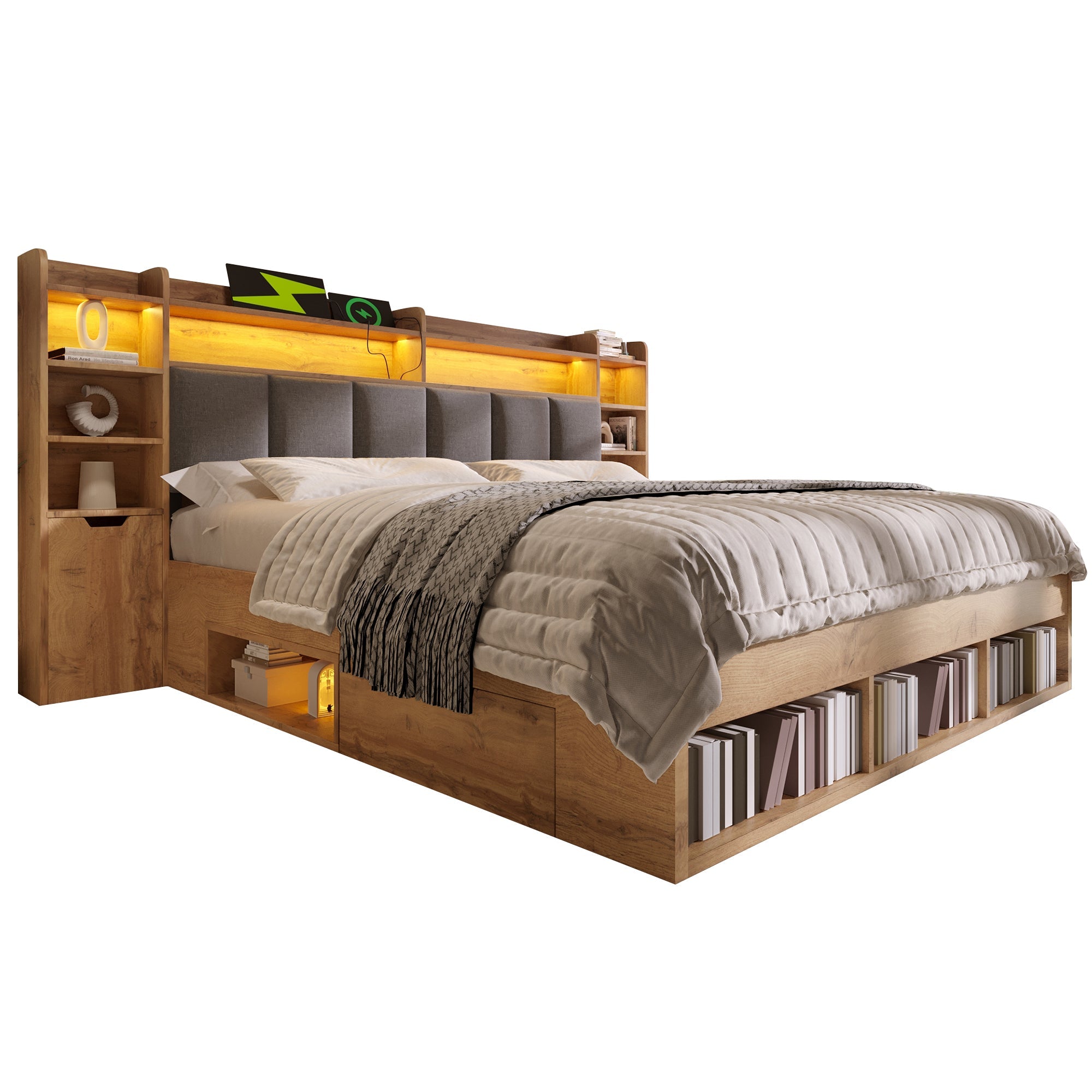 Double Bed System Bed with LED Headboard, Bedside Tables, USB Ports and Storage, 180x200cm, Oak Finish