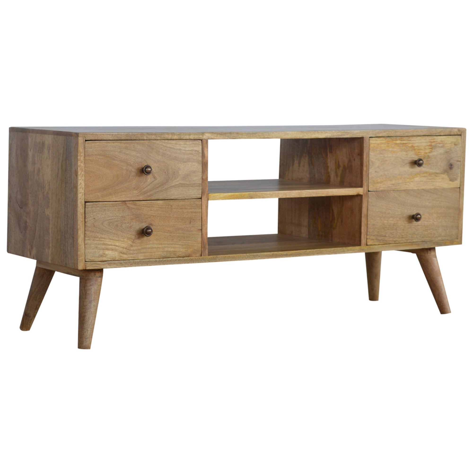 Solid Wood Nordic Entertainment Unit, 4 Drawers 2 Open Slots, Beige