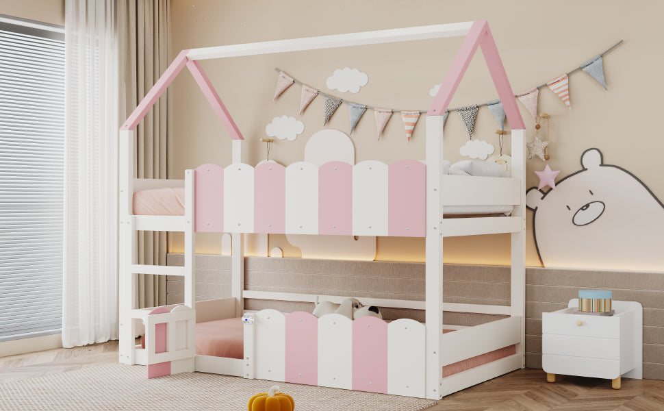Children's Bunk Bed House-Shaped 90x200 cm Safety Rails Pink