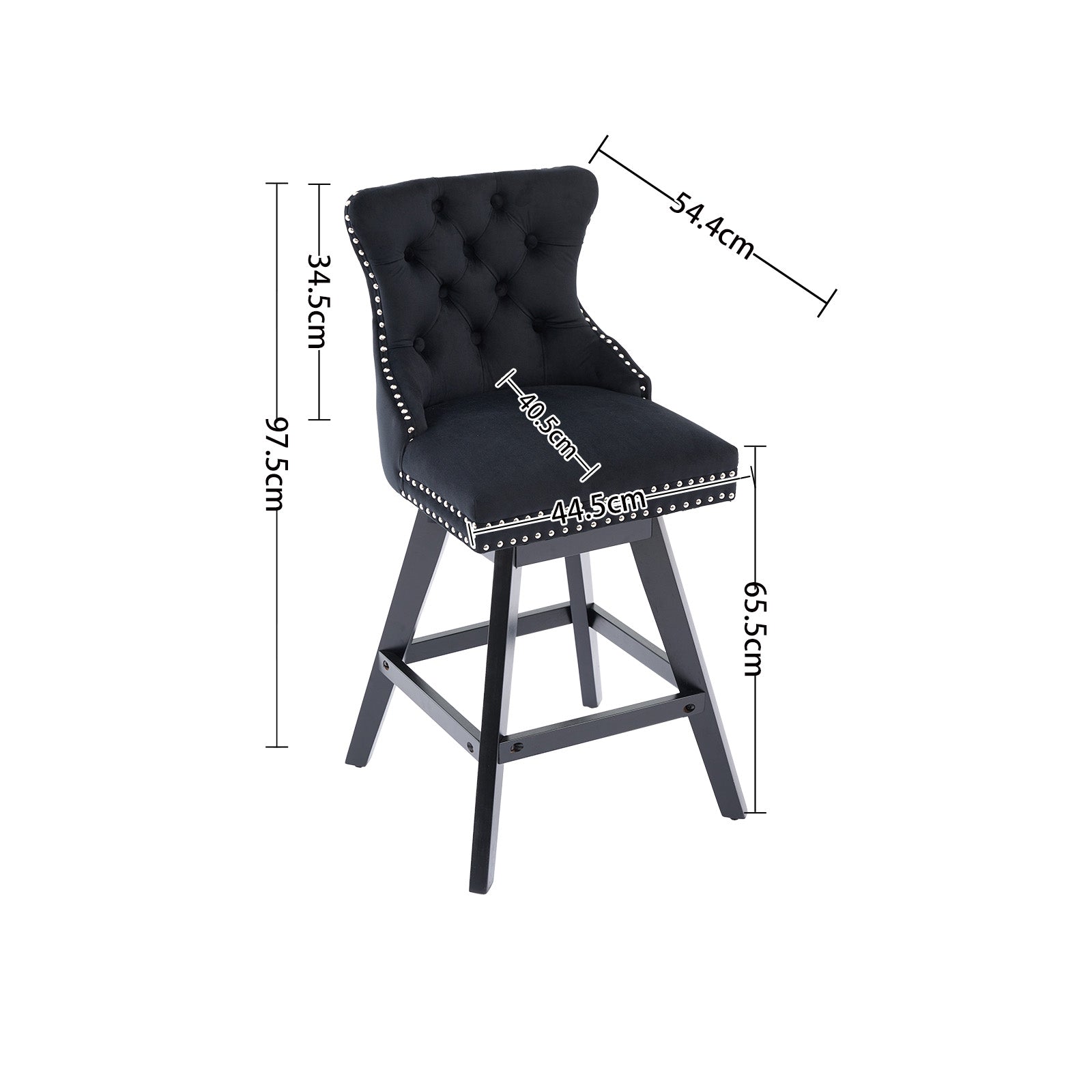 Swivel Velvet Barstools Button Tufted Wooden Legs Set of 2 - Black
