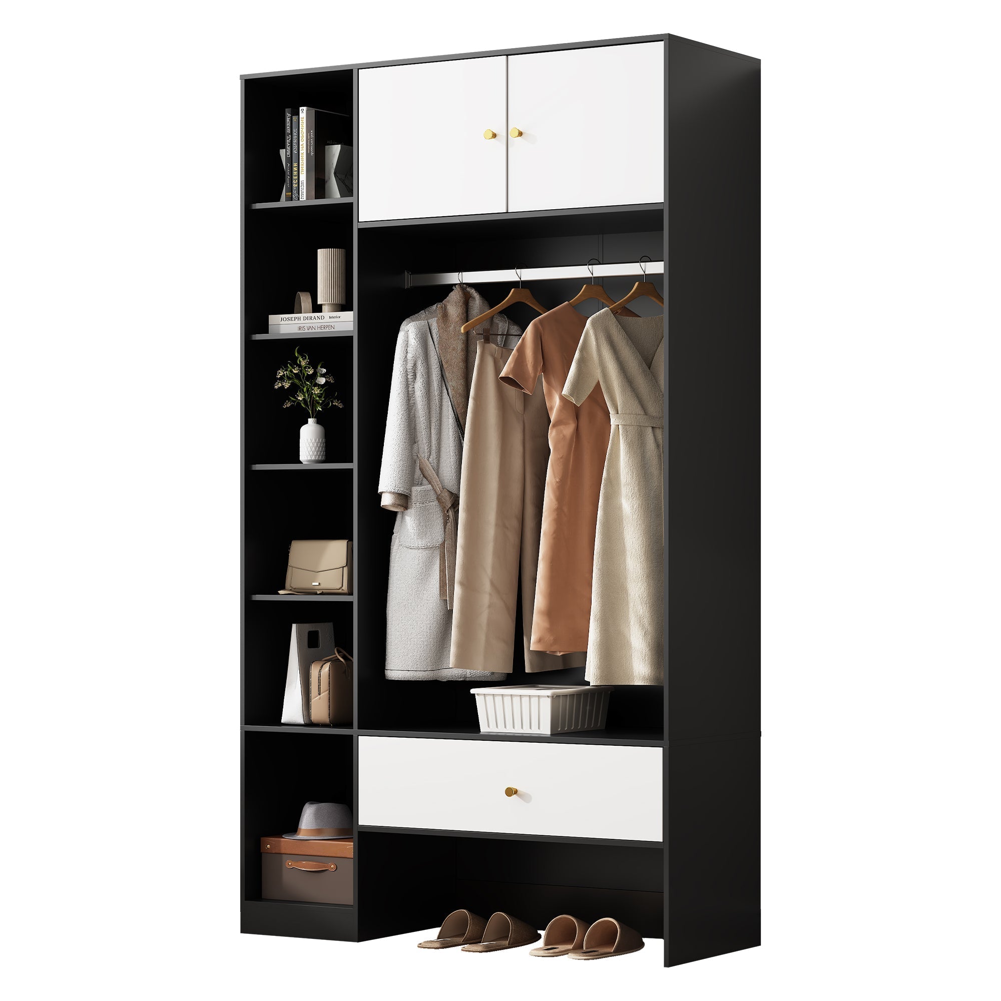Compact Wardrobe Set 2 Doors 6 Compartments Clothes Rail Drawer Black and White