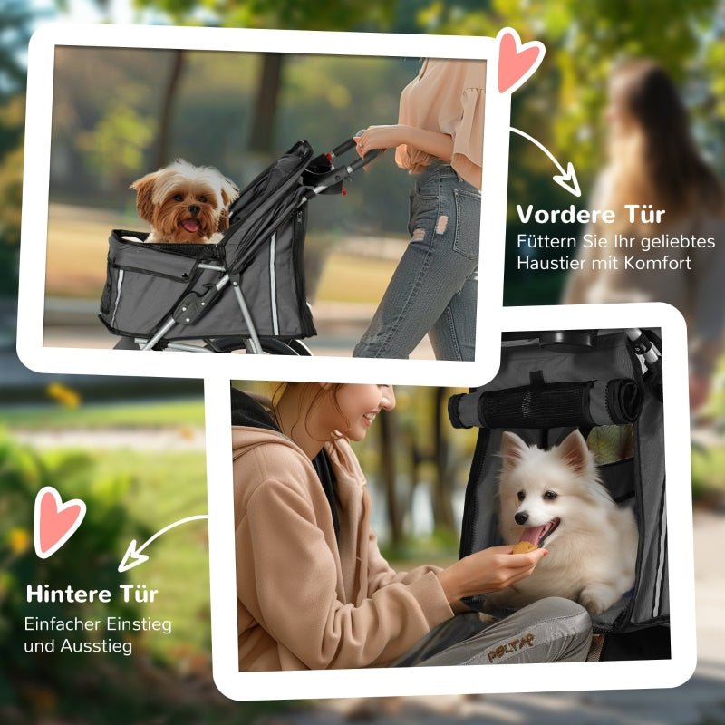 Dog Stroller Buggy, Foldable Mesh Windows Cup Holder, Dark Grey