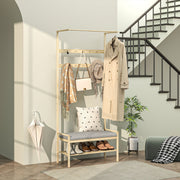 Coat Rack with Shoe Bench, Hooks, Shoe Rack, Seat Cushion, Bamboo, Natural