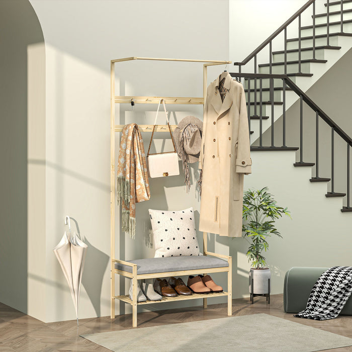 Coat Rack with Shoe Bench, Hooks, Shoe Rack, Seat Cushion, Bamboo, Natural