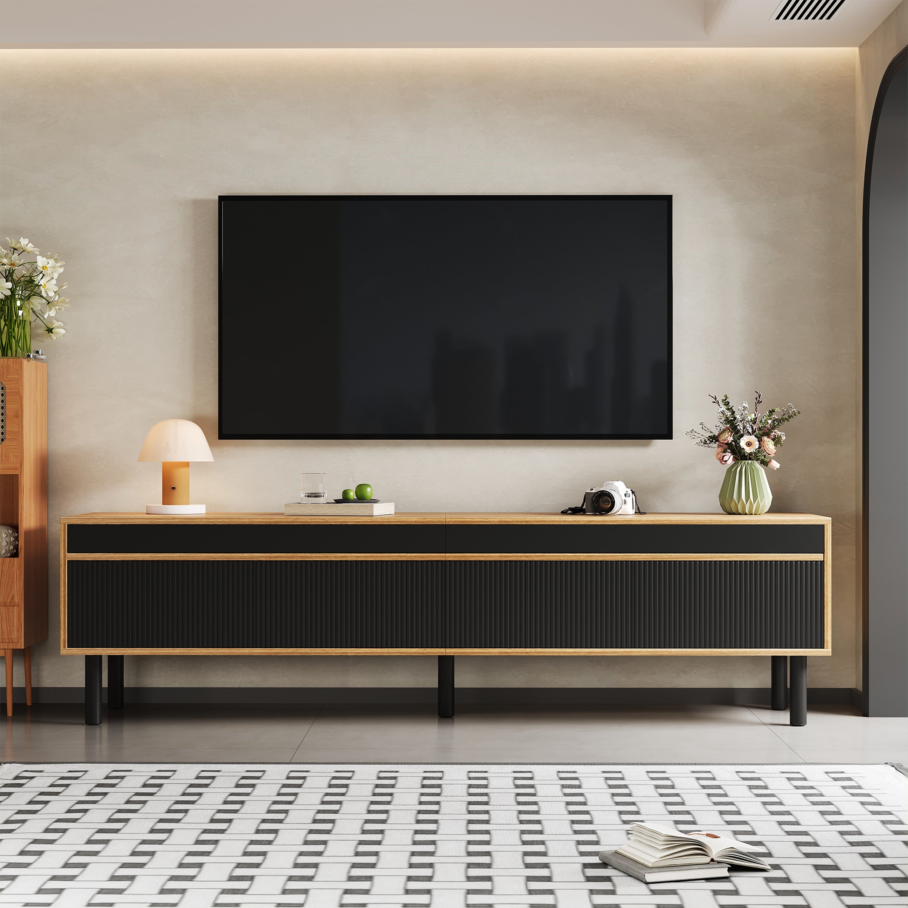 TV Cabinet with TV Panel, 4 Doors, Fine Texture, Black or Natural Wood