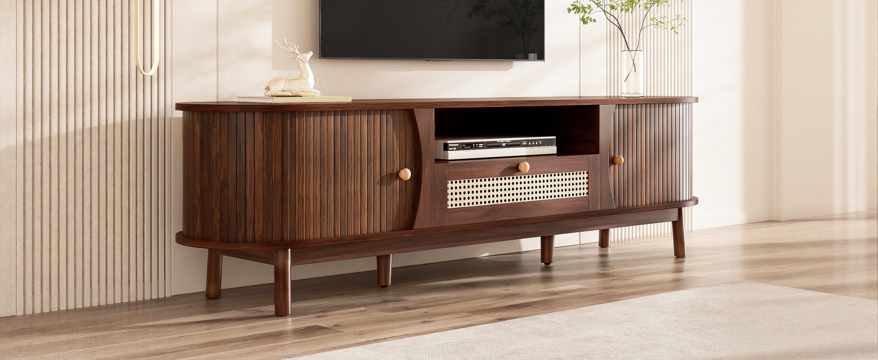 TV Cabinet with Doors and Drawers, Low Storage Solution, Rattan/Solid Wood