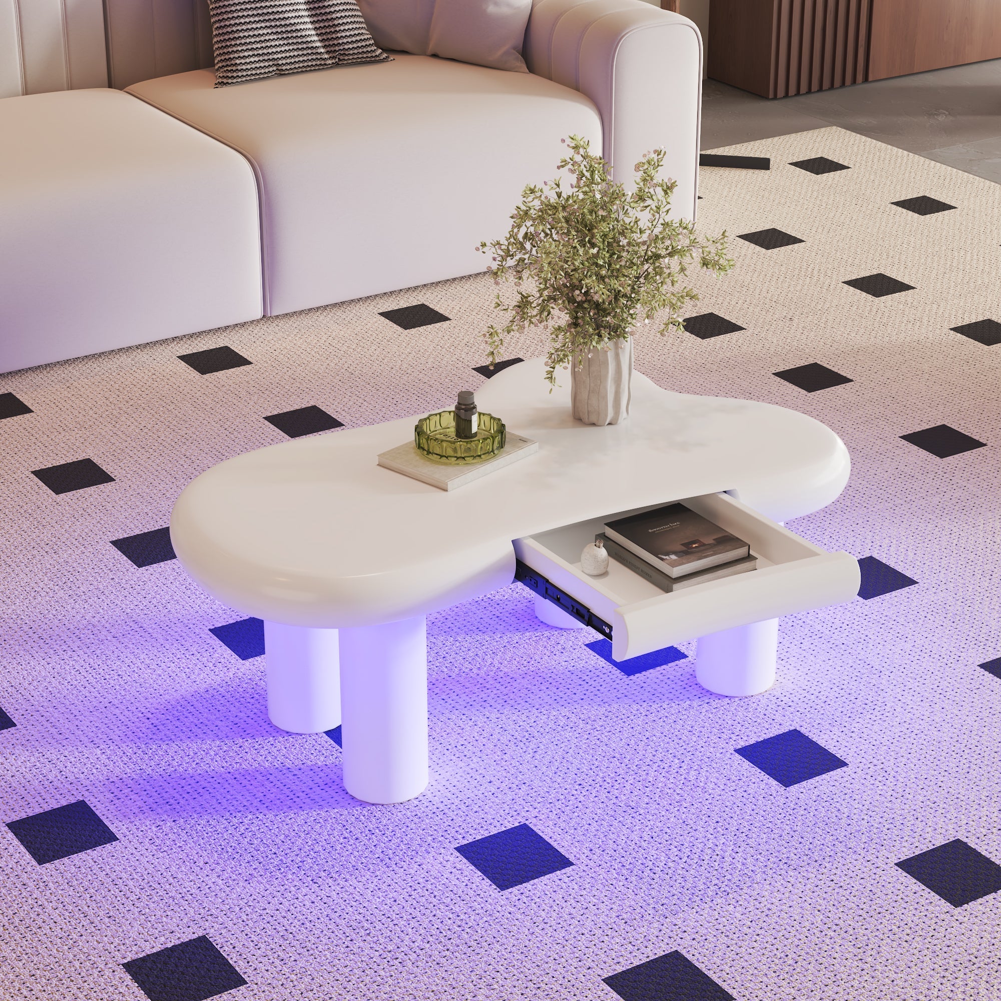 Coffee Table, Cloud-Shaped with 16-Color LED & Drawer, White MDF
