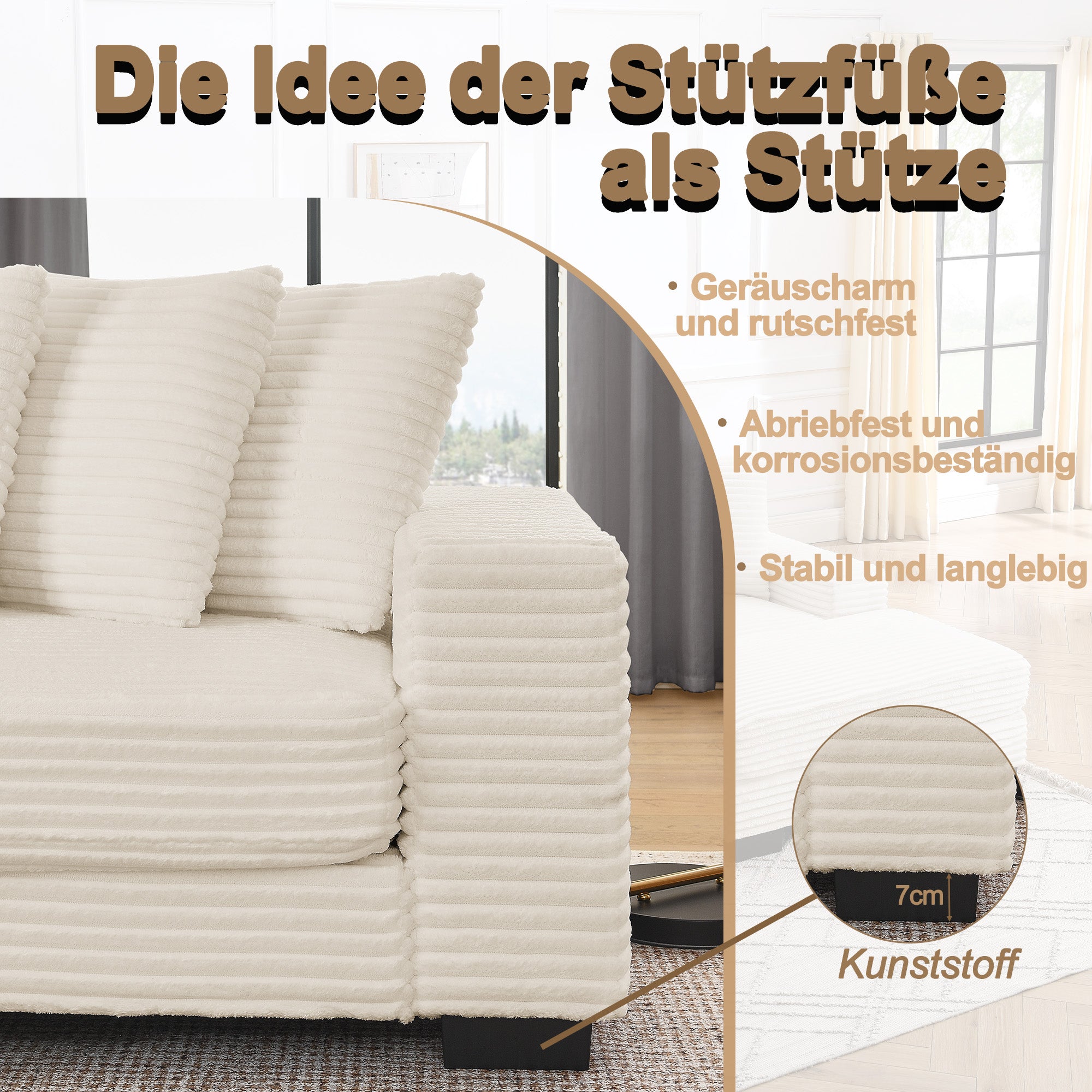 L-shaped Corner Sofa, 4-Seater Modular with 6 Cushions, Beige Corduroy