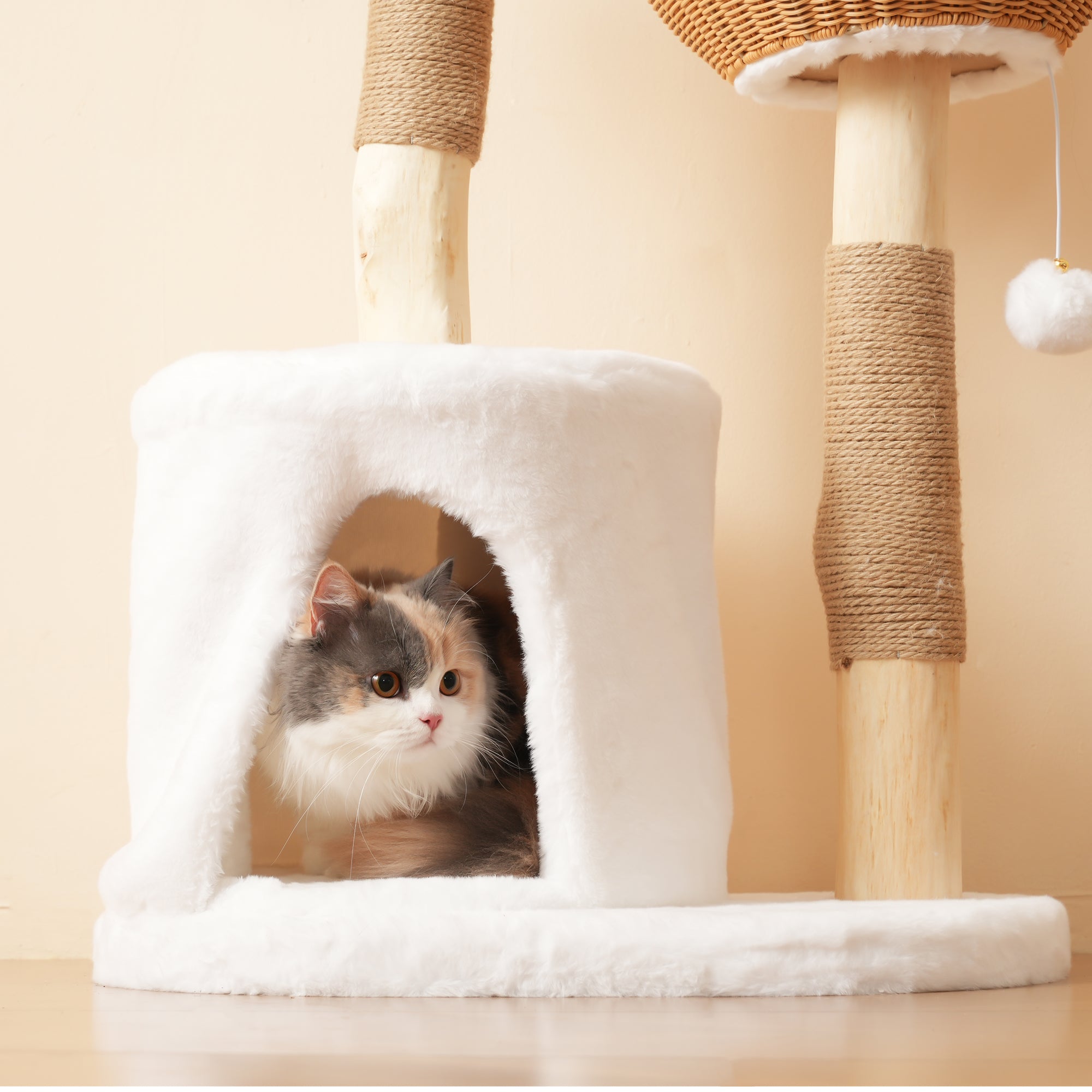 Solid Wood Cat Tree 108cm, Scratching Post 2 Baskets & Cave for Large Cats, Natural Wood & Sisal