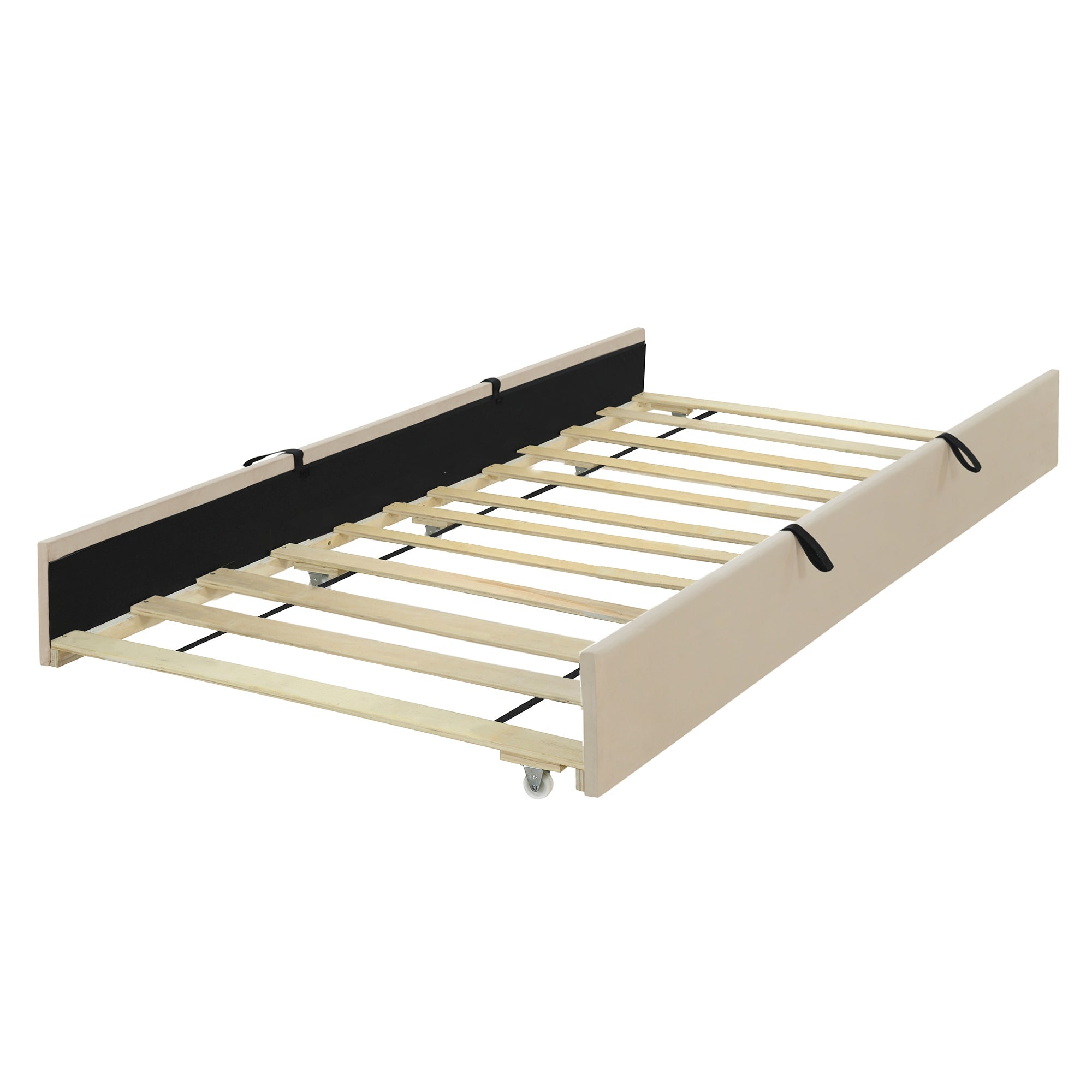 Upholstered Single Bed with Pull-out Guest Bed and Slatted Frame, 90x190cm, Beige Velvet