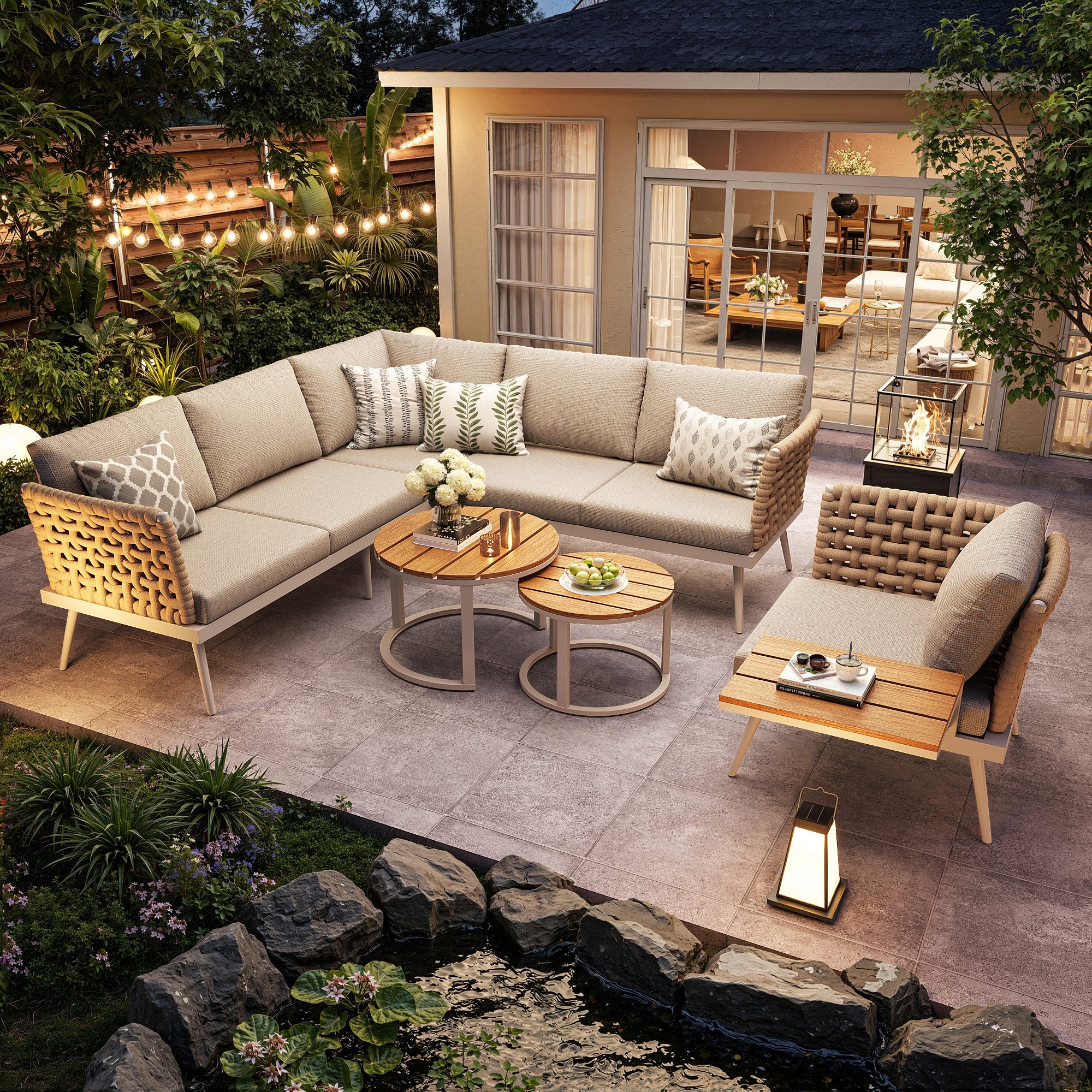 Six-Seater L-Shaped Garden Sofa Set with Hand-Woven Armrests and Coffee Tables, Grey and Beige