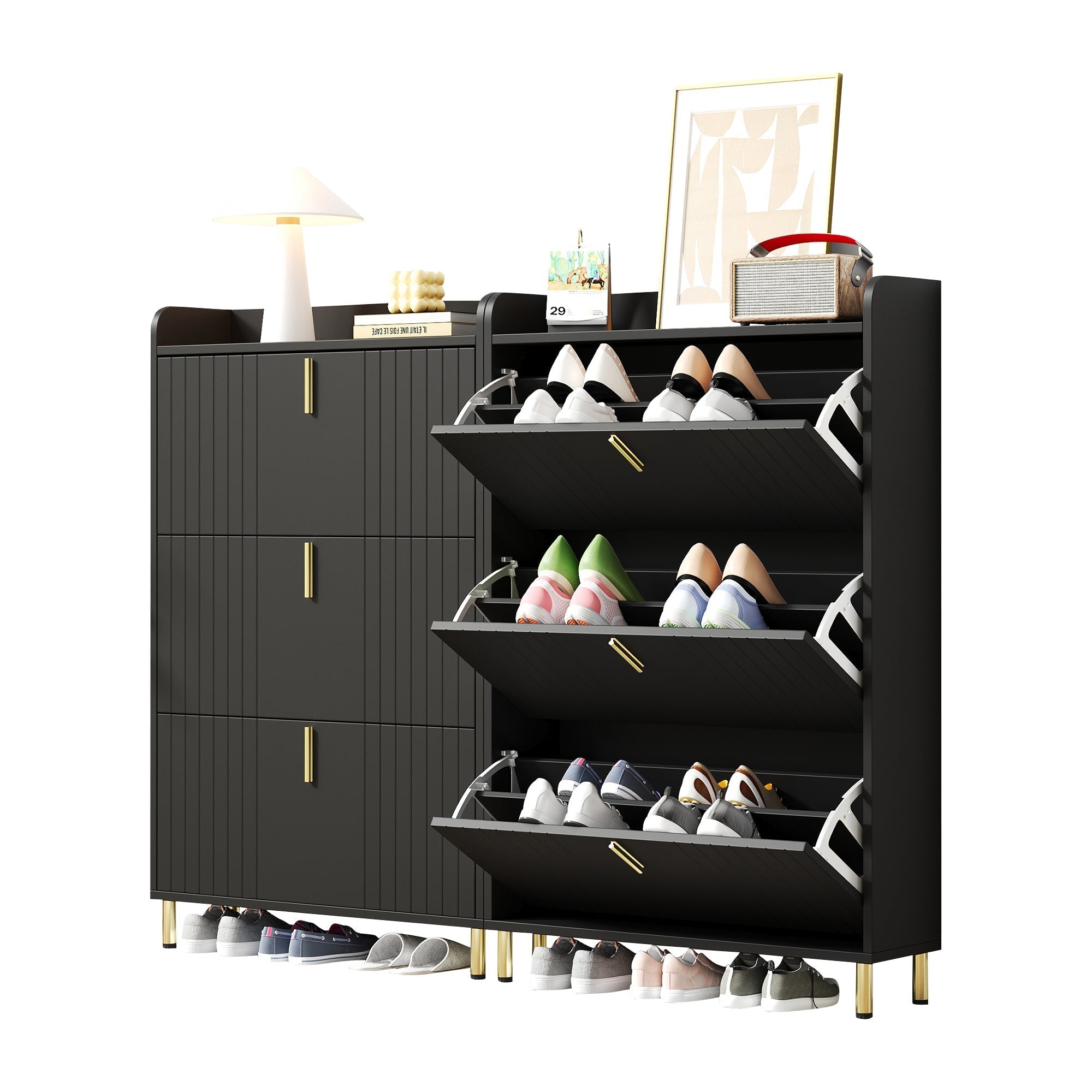 Set of 2 Shoe Cabinets with 6 Adjustable Compartments and Anti-Tip Device, Black