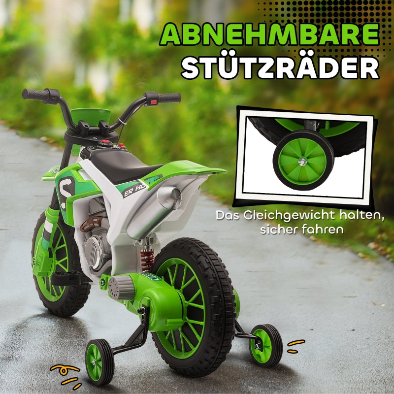 Children's Electric Motorcycle with Training Wheels and 45 Min Driving Time, Green and White