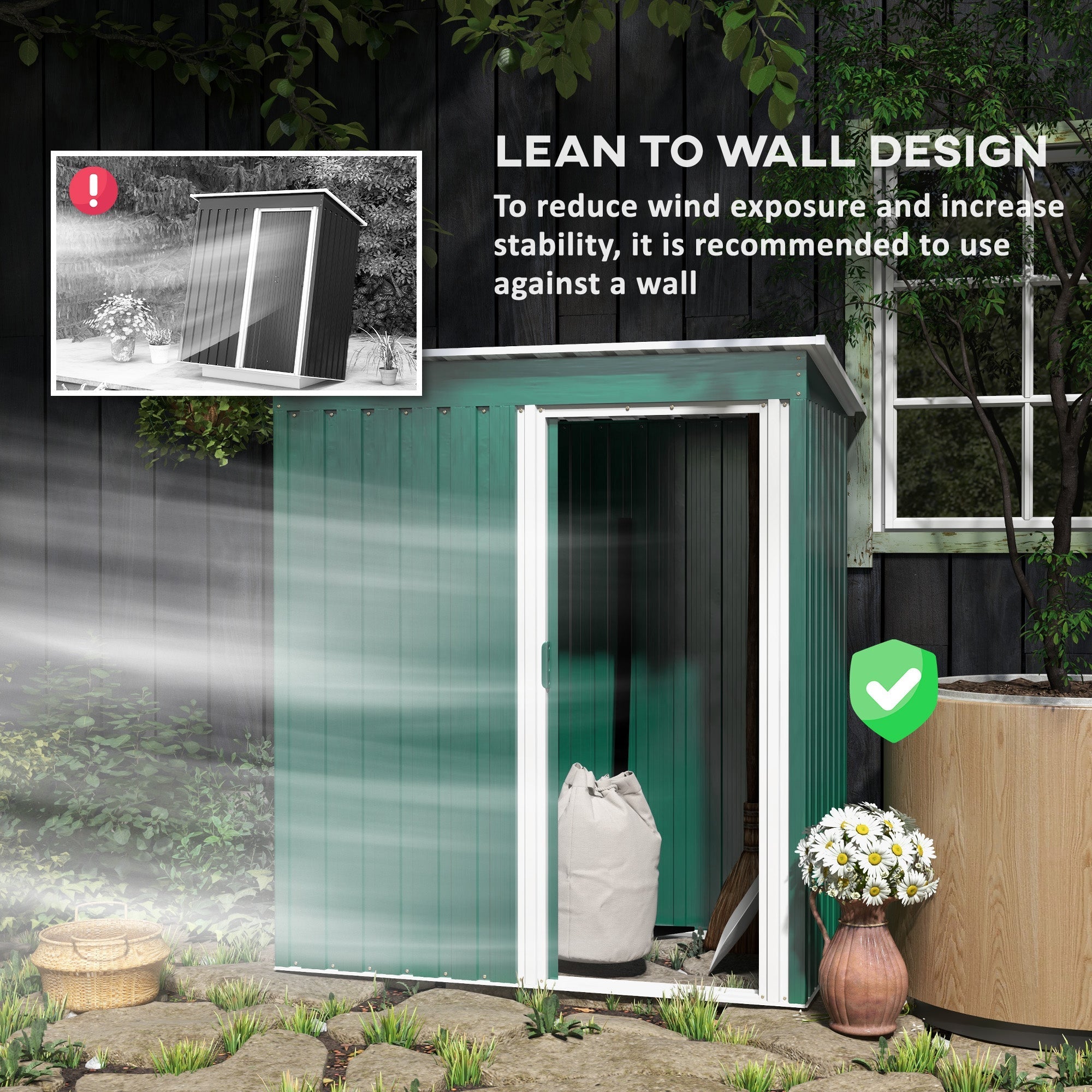 Garden Storage Shed with Sliding Door and Sloped Roof, Green