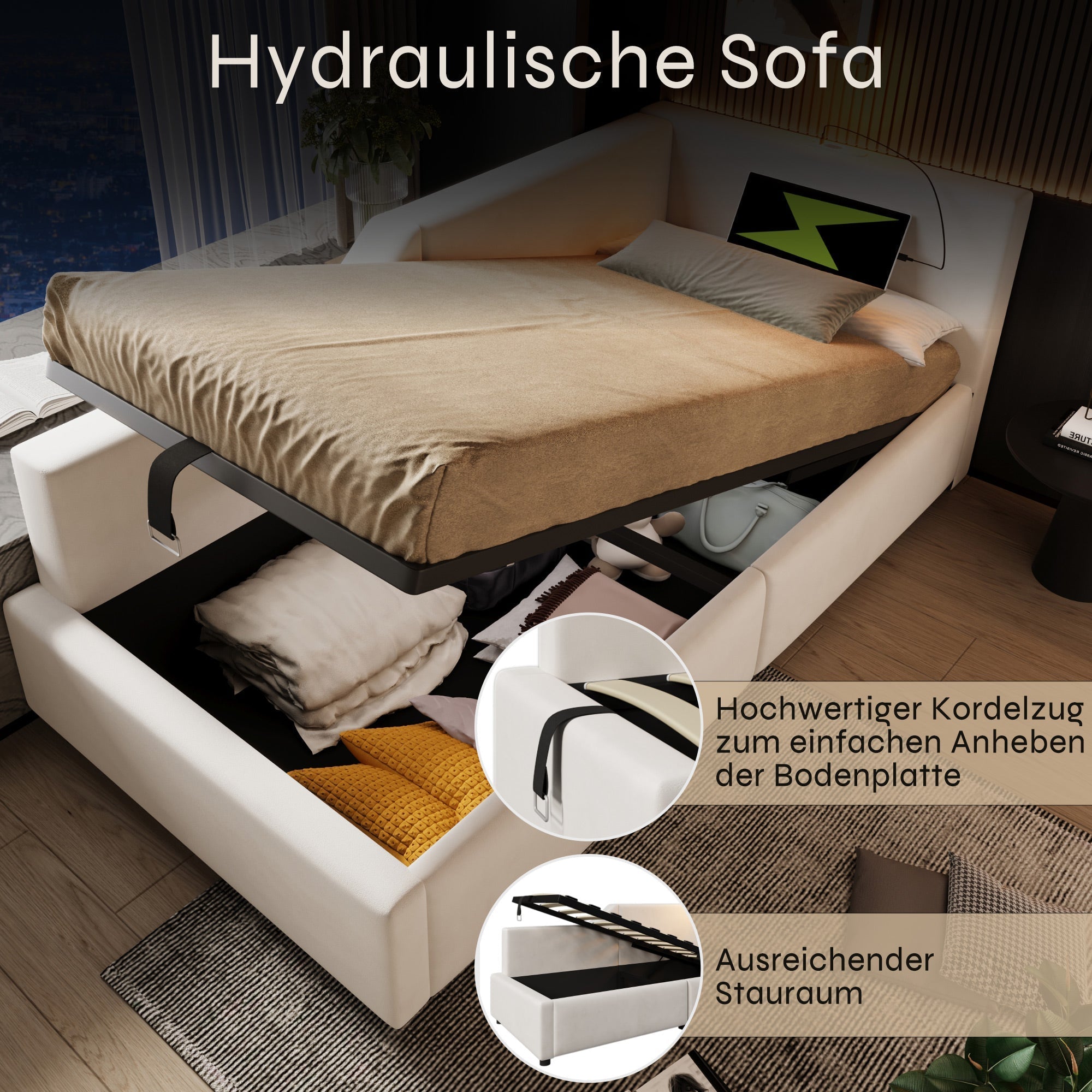 Upholstered Daybed, 90x190cm Sofa Bed with Hydraulic Storage & USB-C, Velvet Beige