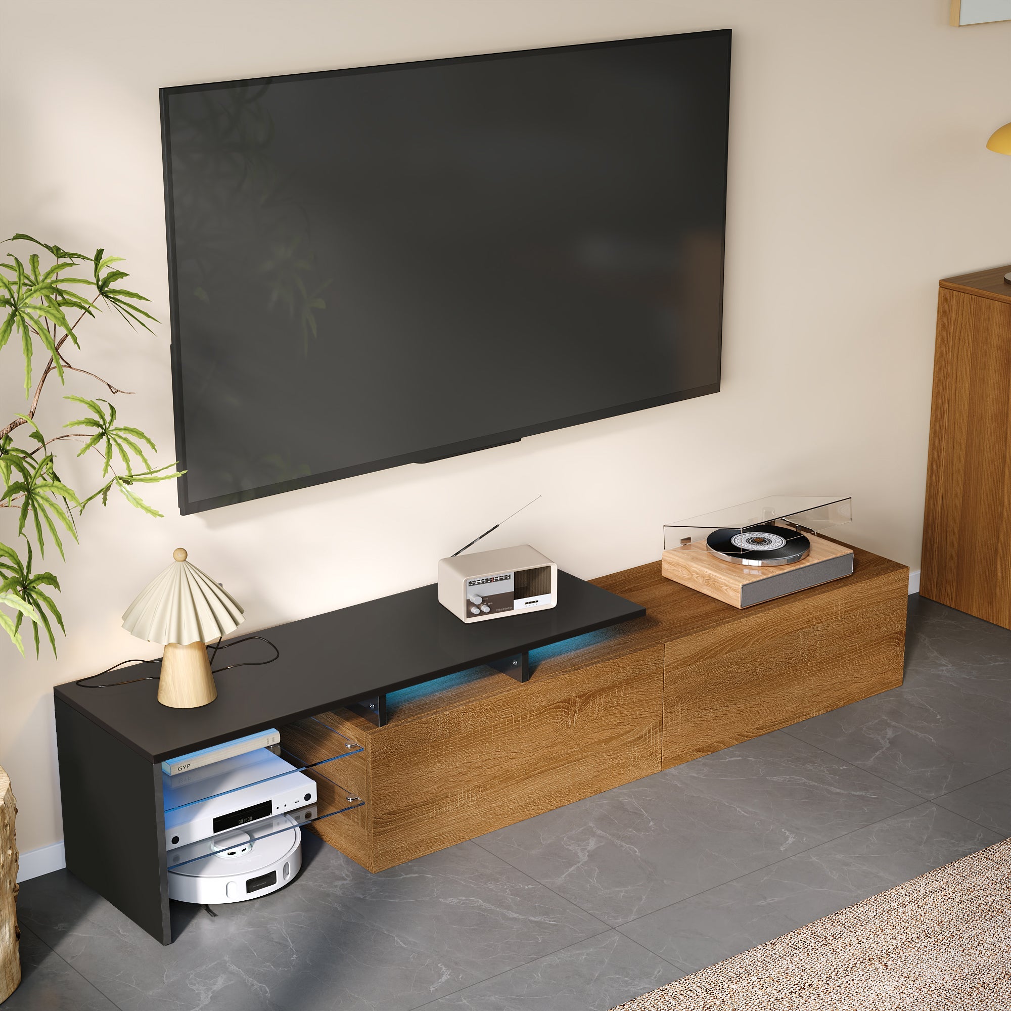 TV Cabinet: Modern, Elegant, Practical Storage, Black Wood Look, Glass, LED