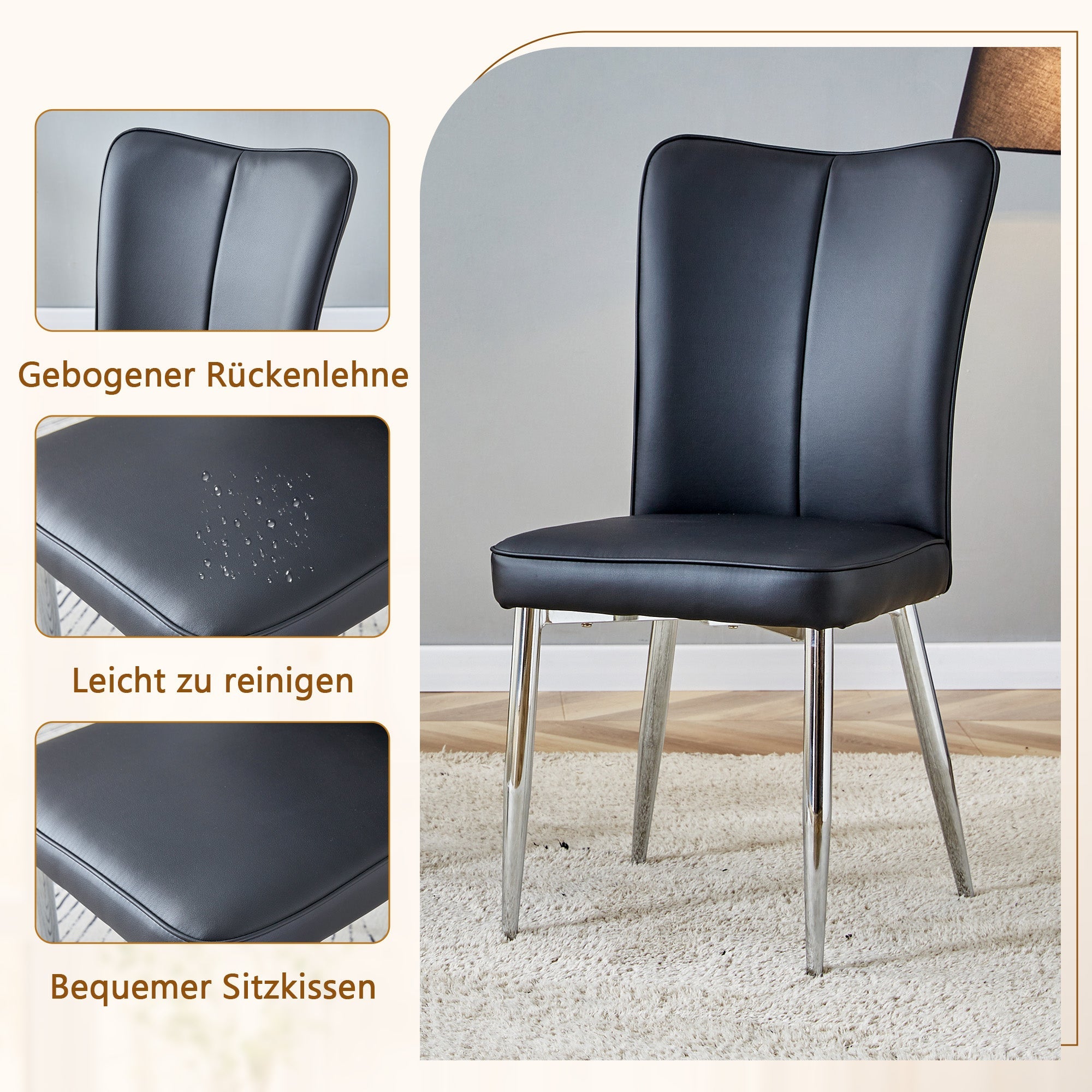 Dining Set 85cm Tempered Glass Table 4 PU Chairs Minimalist - Black