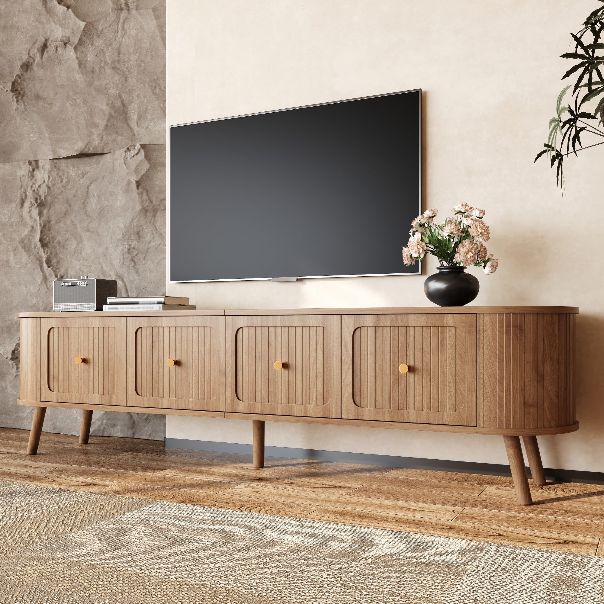 Modern TV Cabinet with 4 Doors and Gold Handles, Oak finish