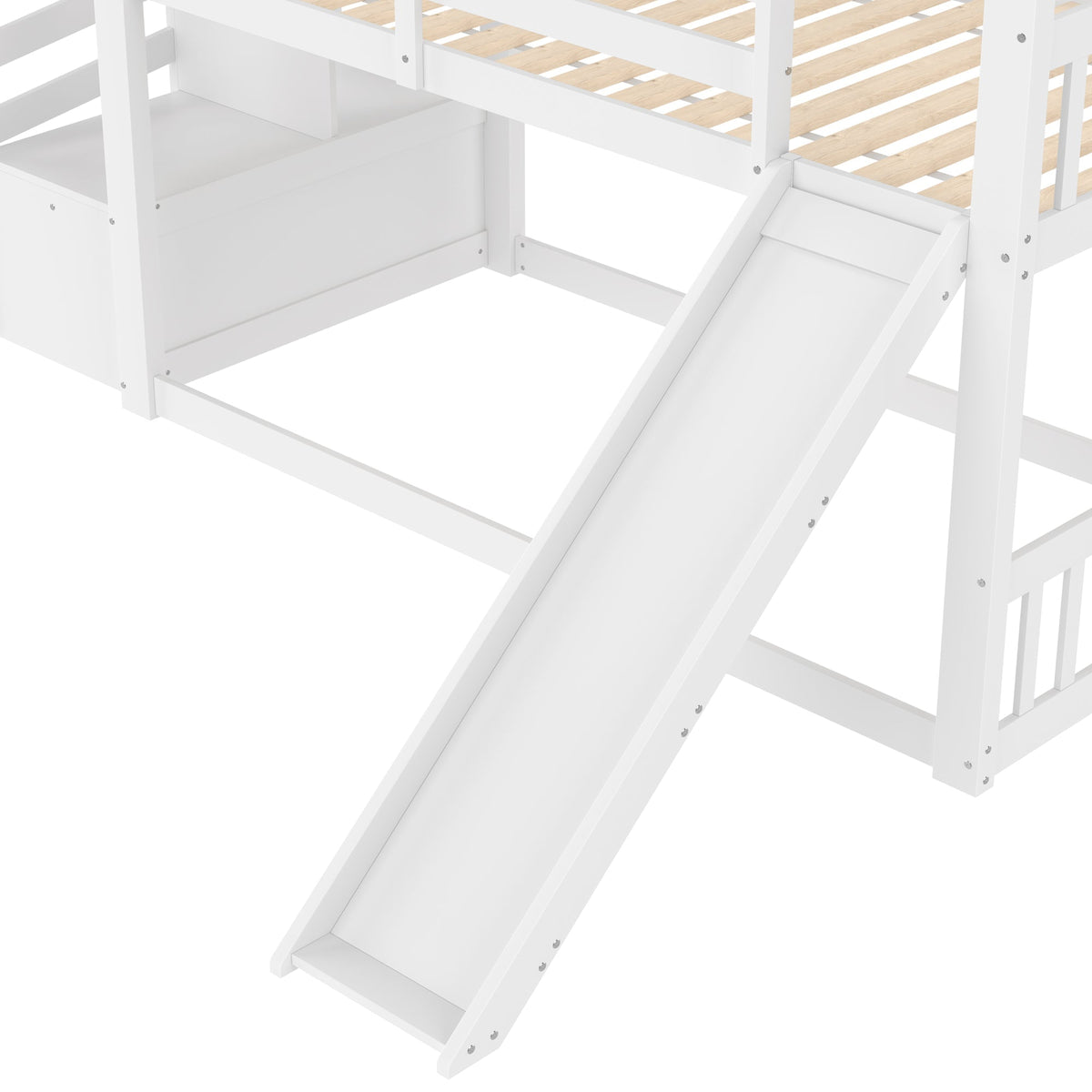Bunk Bed House 90x200cm Storage Stairs Slide Railing - White