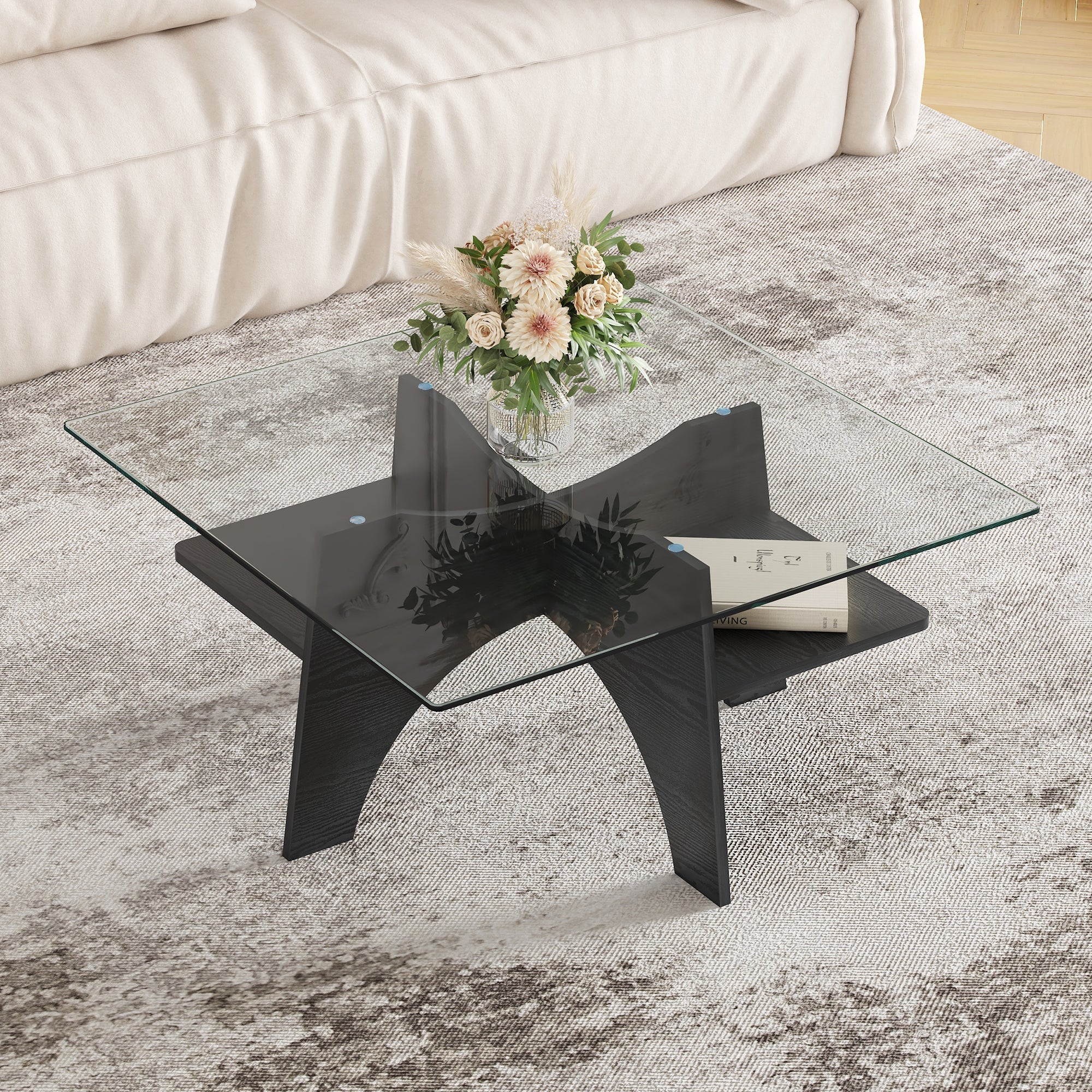 Modern Square Side/Coffee Table Tempered Glass 80cm - Black Wood Look