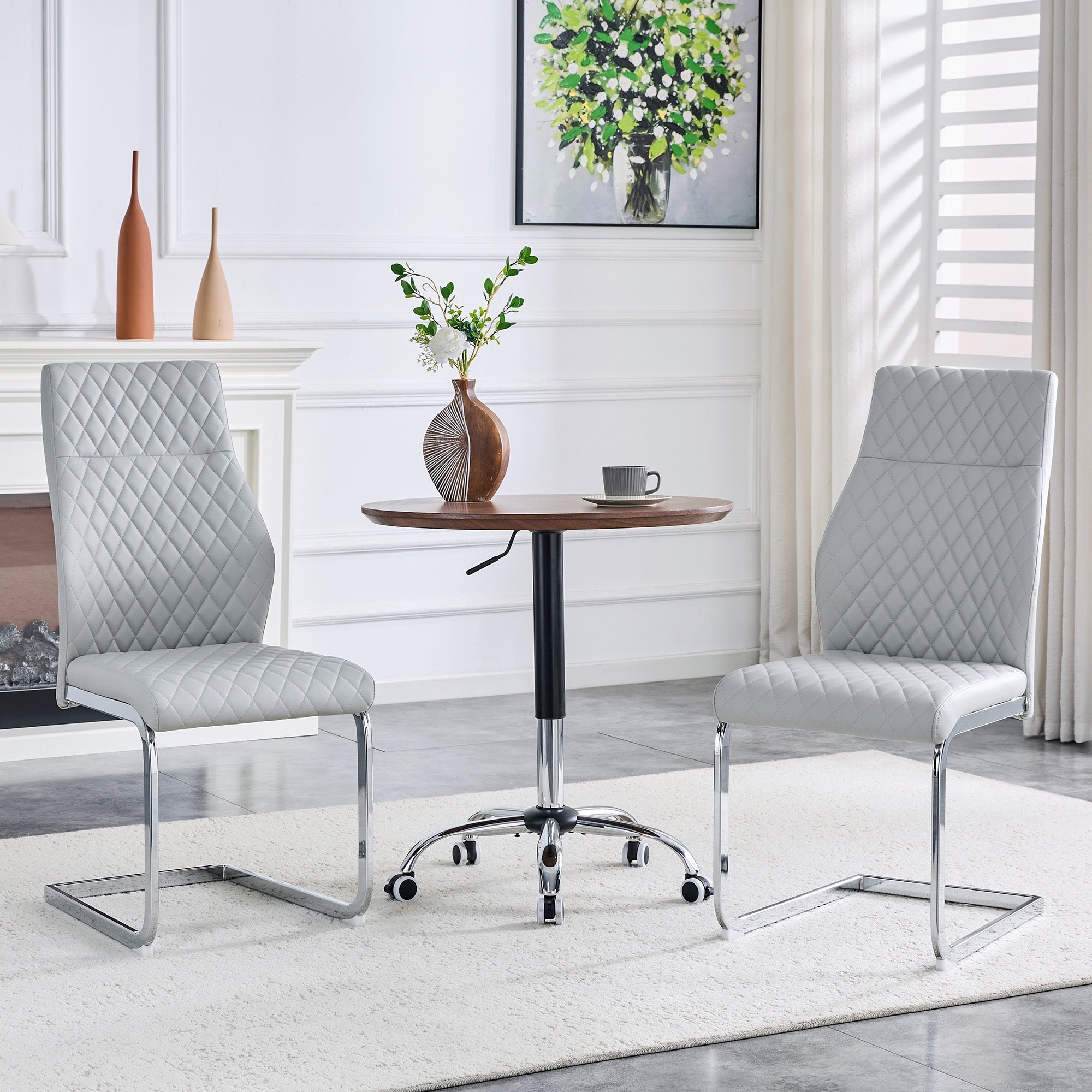 Dining Chairs Set of 2 with High Backrest and Diamond Pattern, Light Grey PU Leather