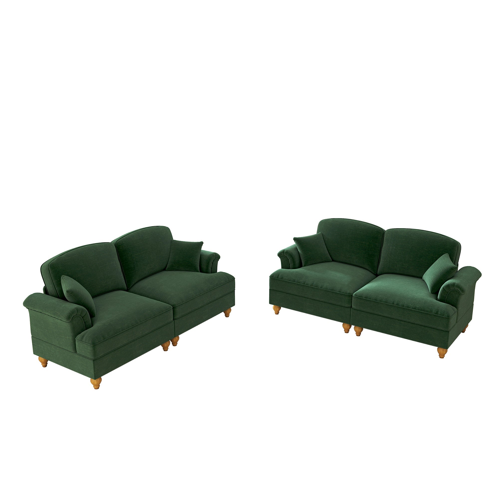 L-Shaped Sofa Mid-Century 2-Seater Movable Ottoman - Green Chenille