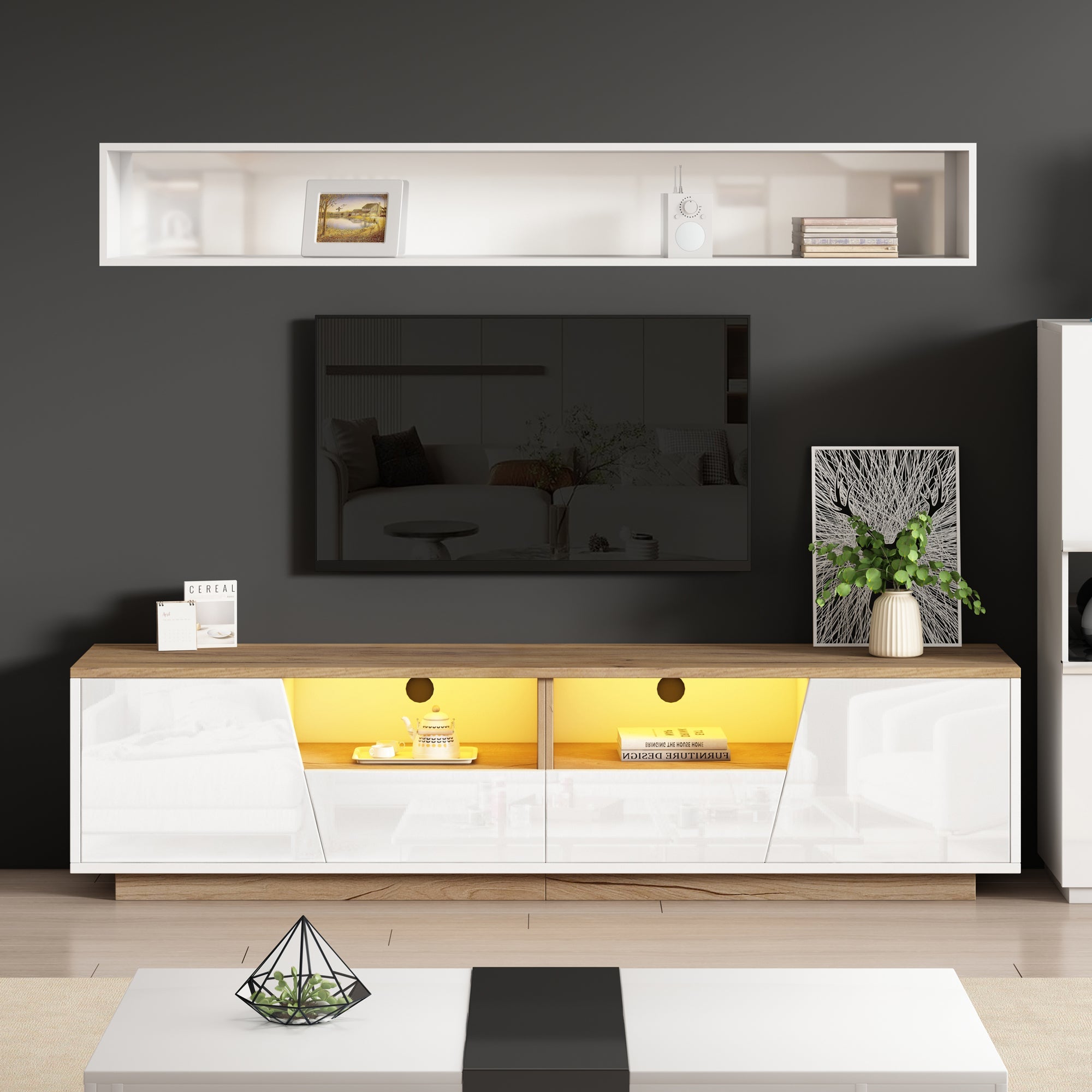 TV Cabinet 180x40x46cm LED High-Gloss Storage for 75 Inch TVs, White/Wood Splice