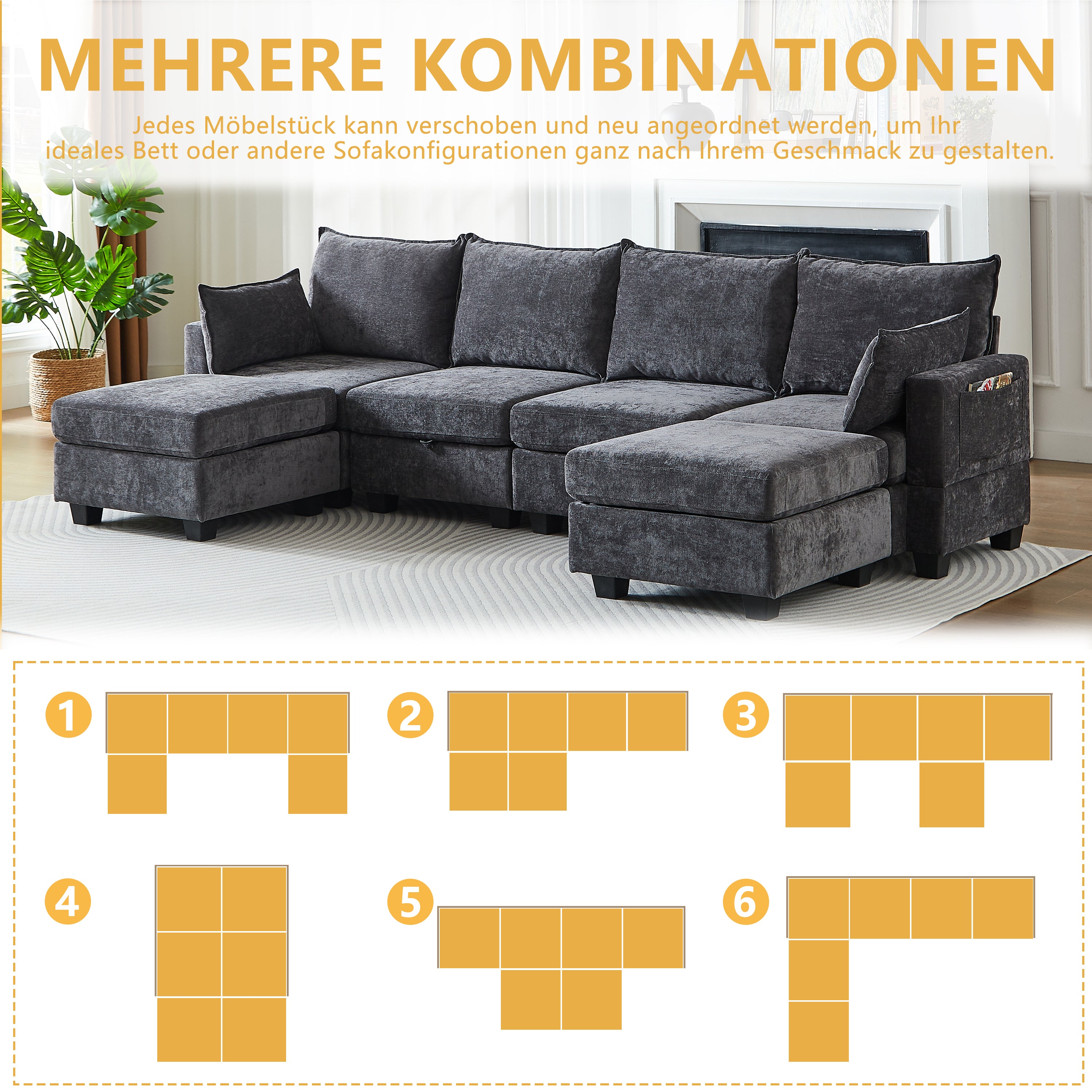 Modular Sofa U-Shaped 6-Seater Chaise Longue Storage Ottoman Chenille