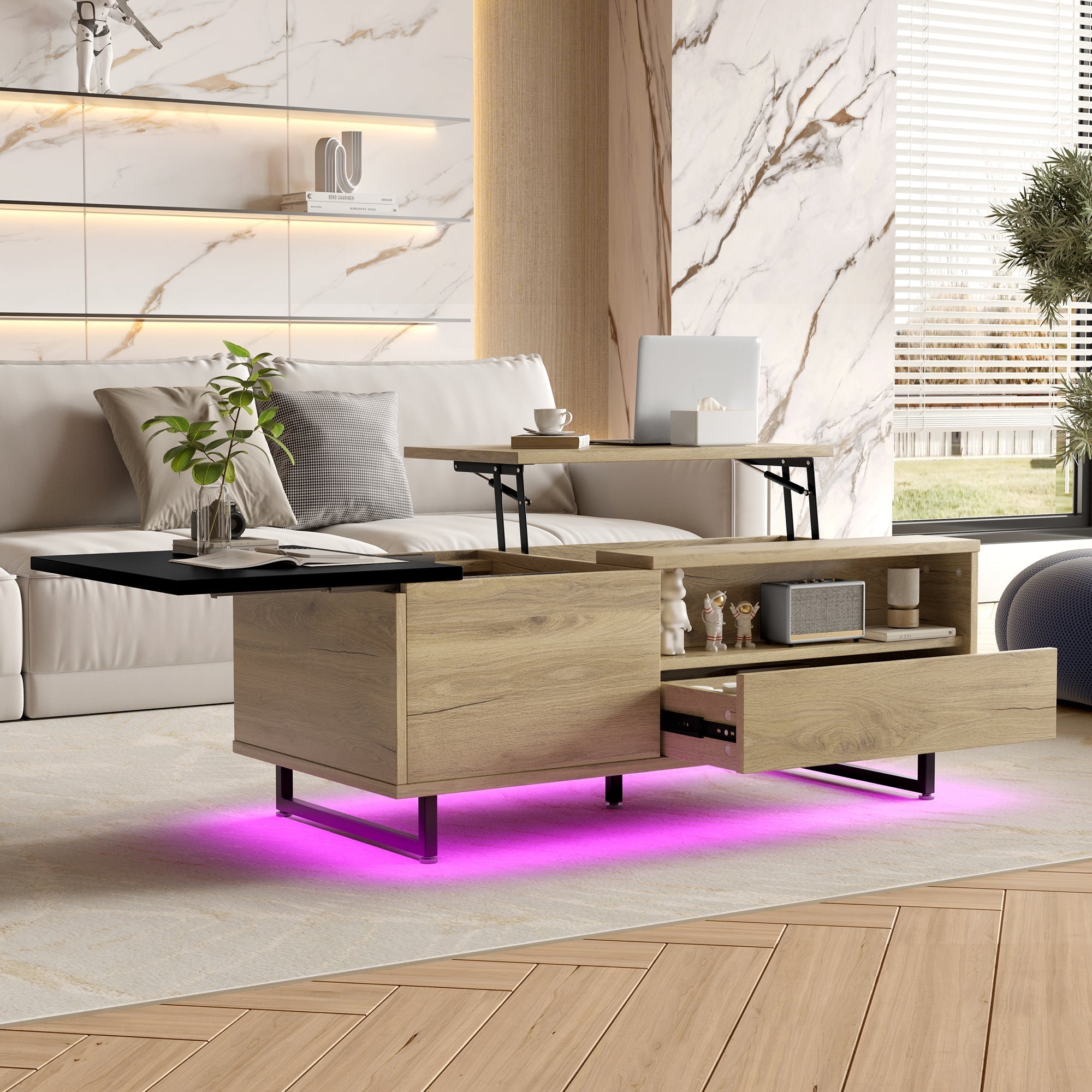 Cabinet: Height-Adjustable with LED Light, Drawers & Compartments, Customizable for Living Rooms