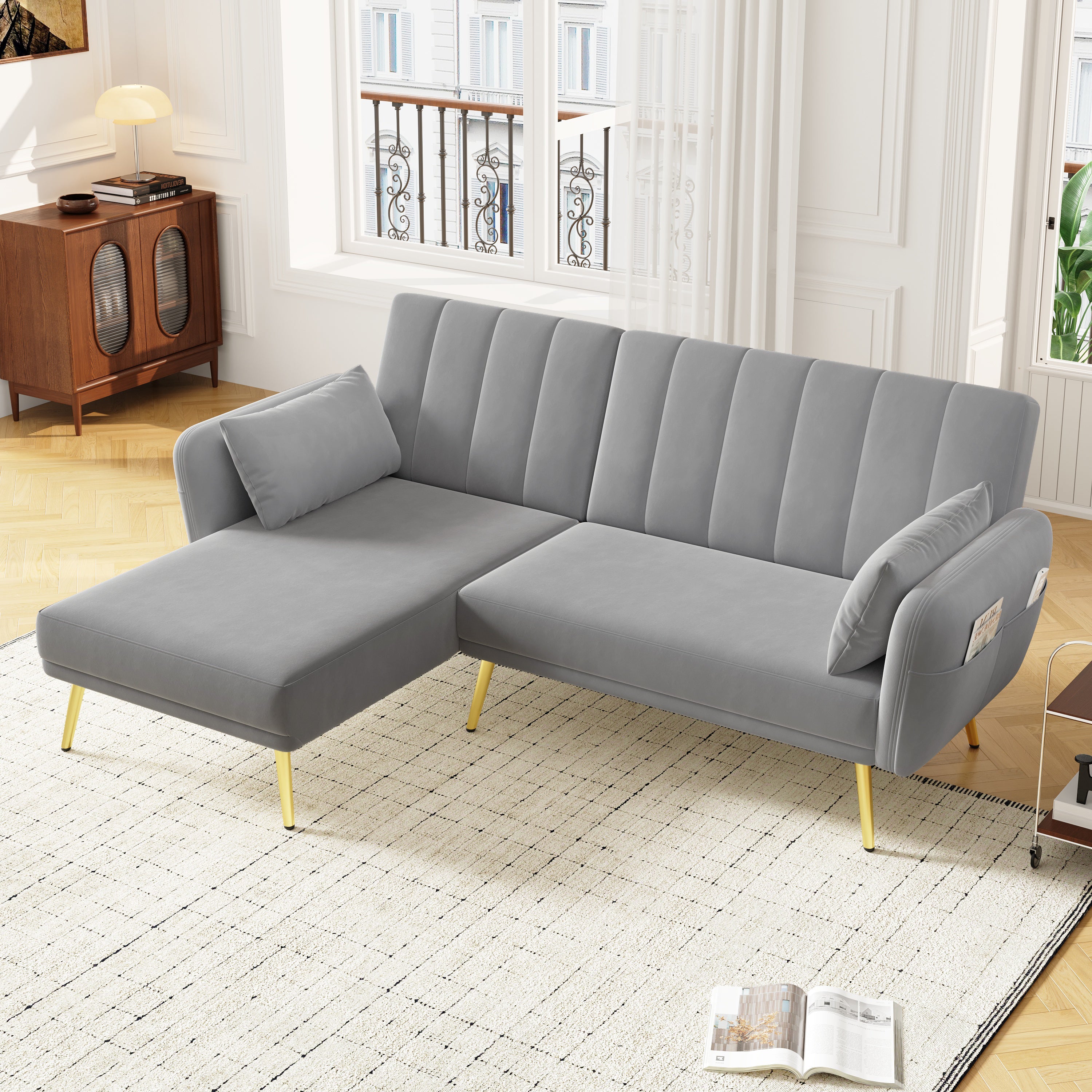 Modern L-Shaped Fold-Out Sleeper Sofa with 3-Position Adjustable Backrest, Velvet